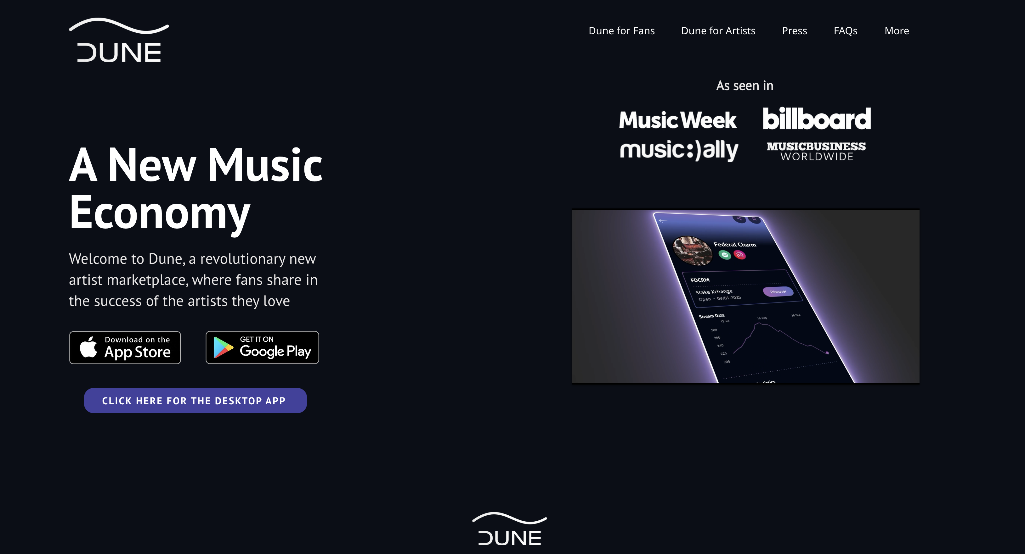 Dune app screen, in the app store, with dark background and purple details
