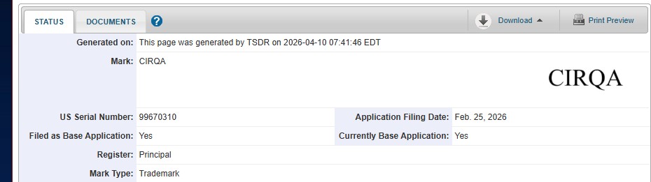 Listing of Garmin Cirqa trademarks from the USTPO database