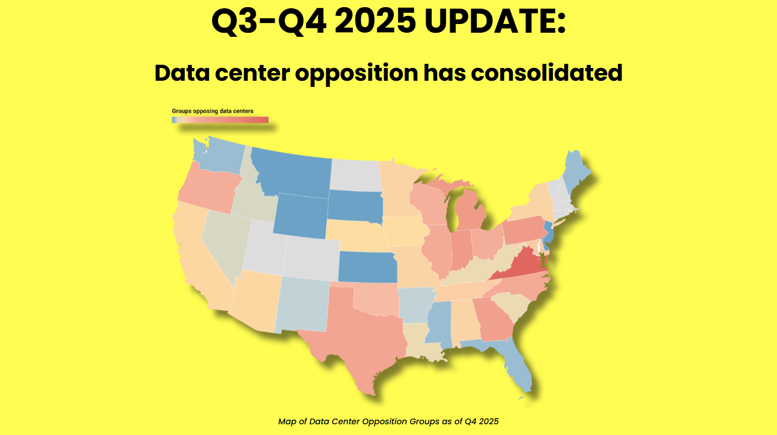 A map of the United States showing opposition to data centers at the state level.