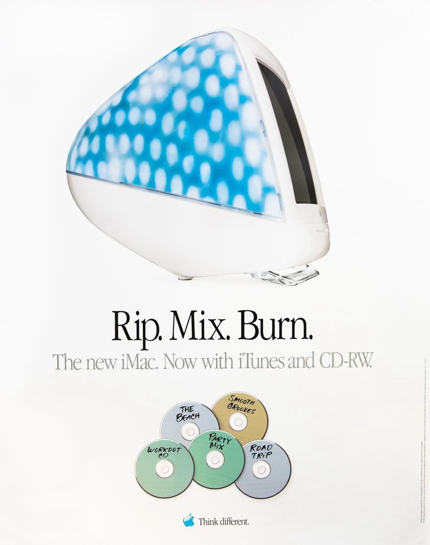 An Apple print ad for the iMac featuring Rip. Mix. Burn the mark and five burned CD-R discs below.
