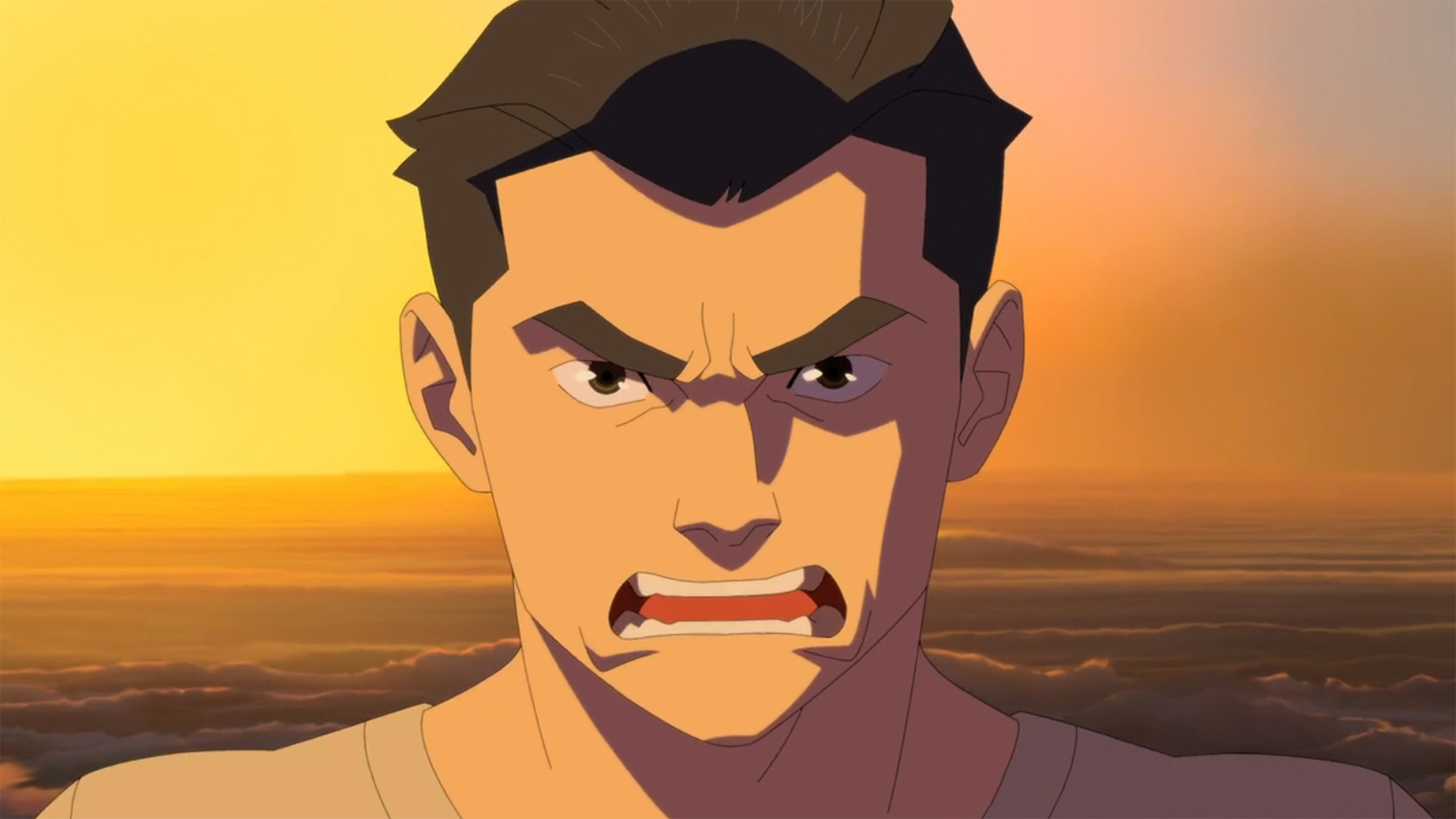 A close-up of Mark furious at sunset in Invincible season 4 episode 8