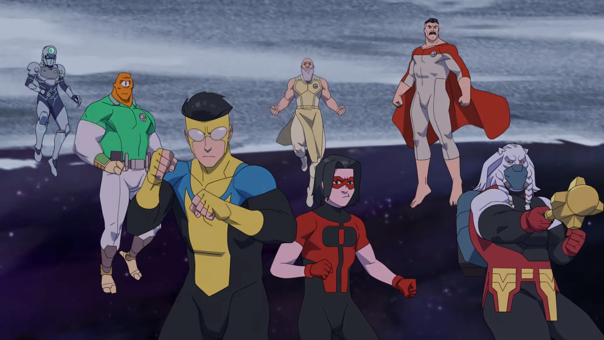 A screenshot showing Tek Knight, Allen, Mark Grayson, Thaedus, Oliver Grayson, Omni-Man, and Battle Beast preparing to fight in space in season 4 of Invincible.