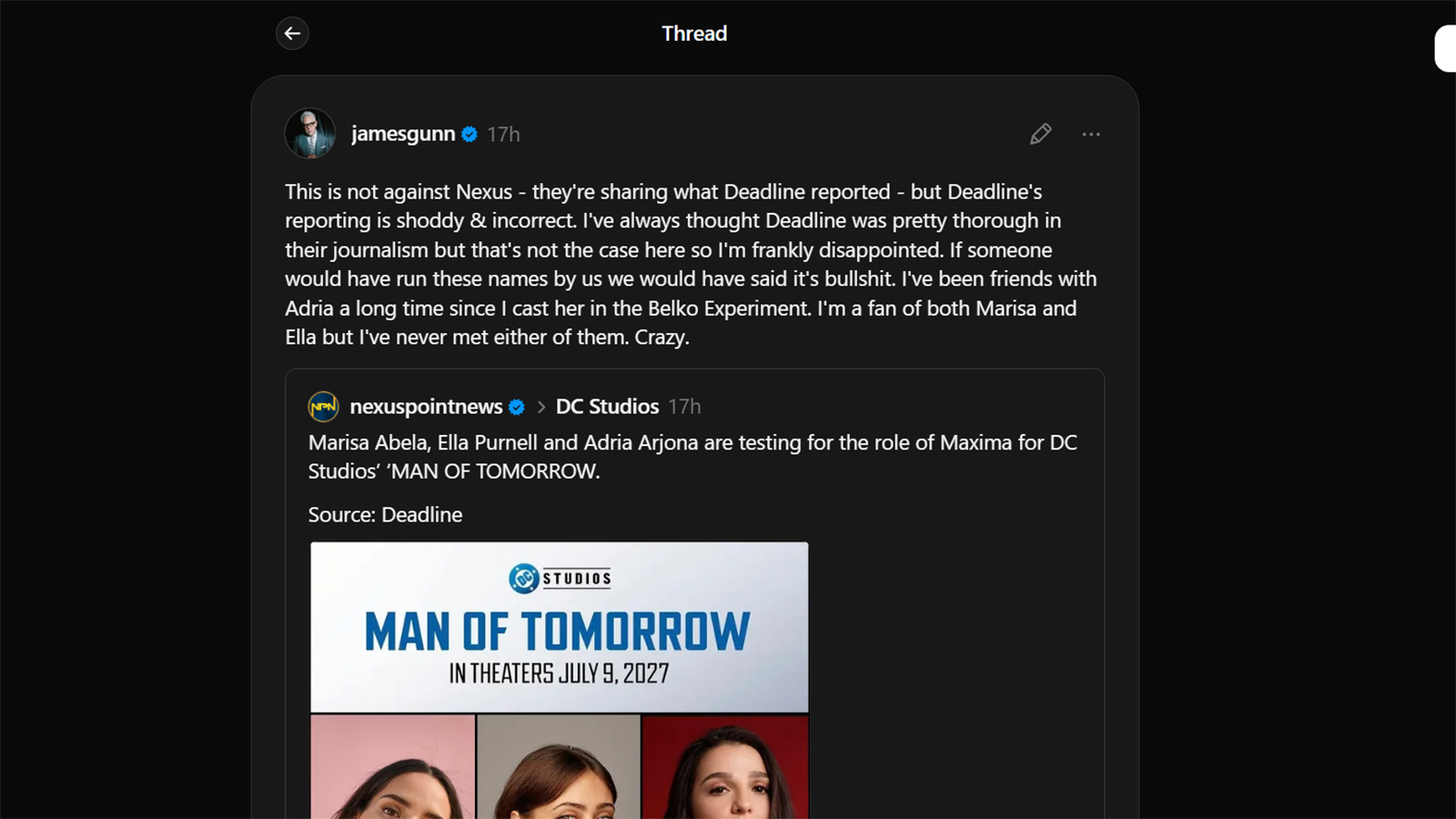 A screenshot of James Gunn responding to Deadline's Man of Tomorrow audition report on Threads
