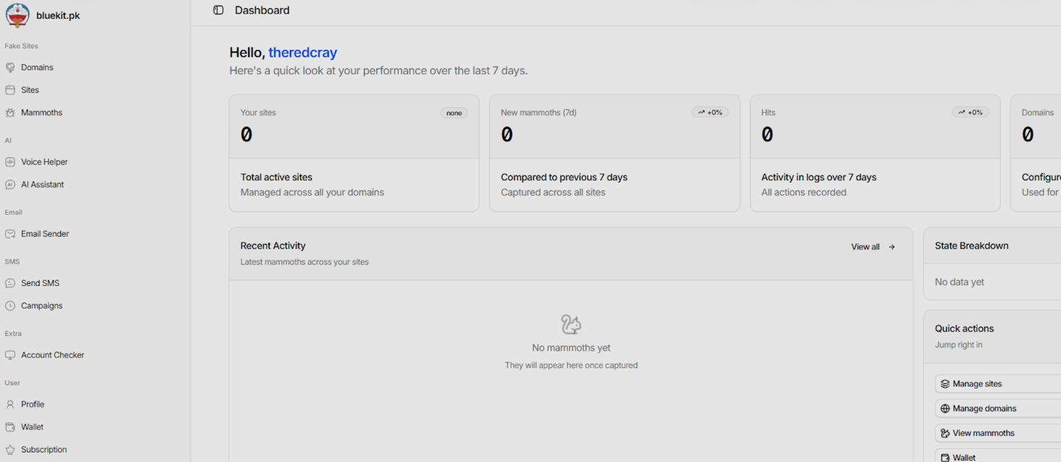 A screenshot of the Bluekit dashboard, showing the centralized dashboard an attacker would see when starting or monitoring a campaign.