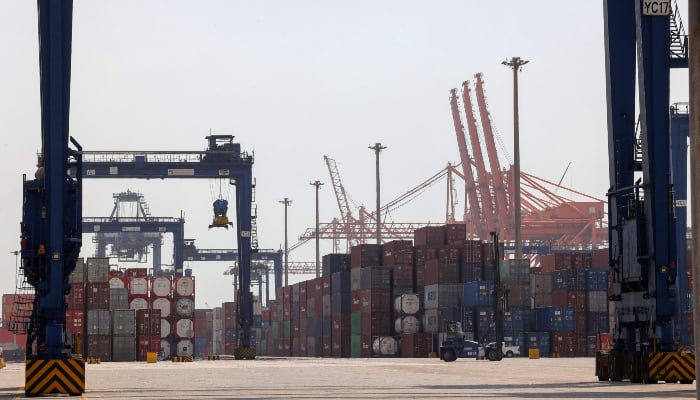 A photo taken on March 1, 2022 shows a view of cranes and shipping containers at a loading dock at the Islamic seaport of Jeddah, on the western Red Sea coast of Saudi Arabia. —AFP