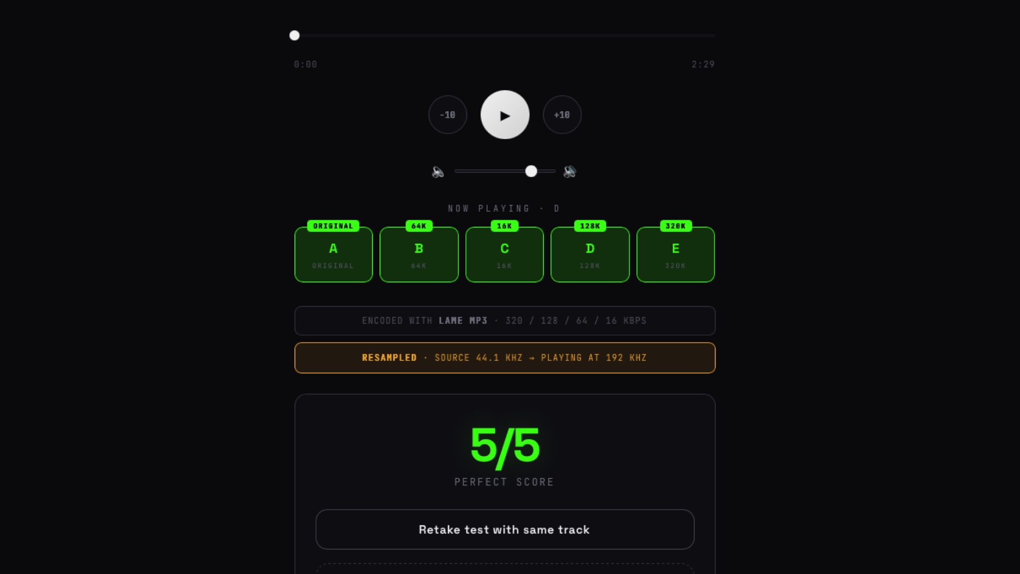 Screenshots of the Flactest page after testing my hearing