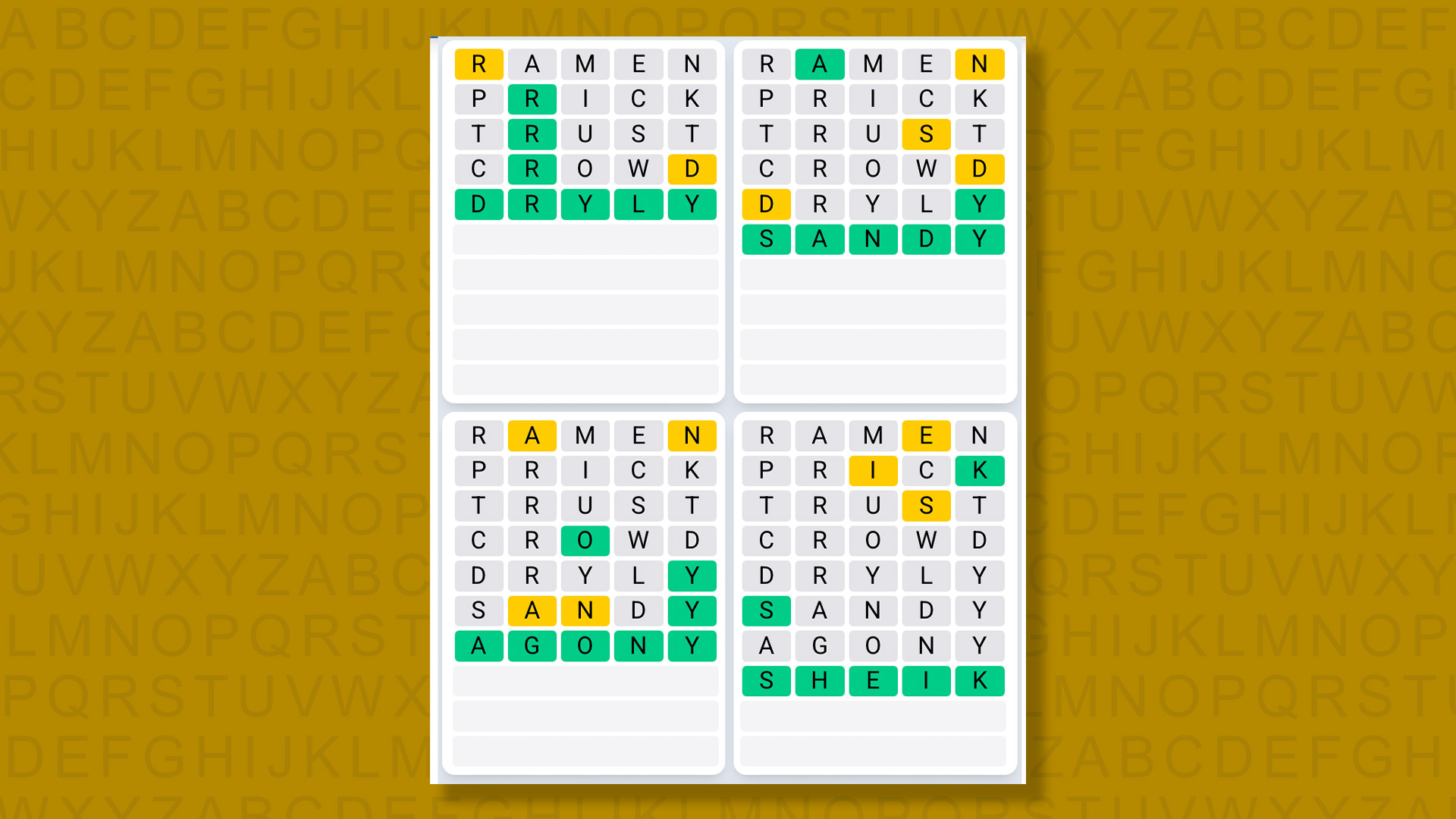 Quordle Daily Sequence answers for game 1566 on a yellow background