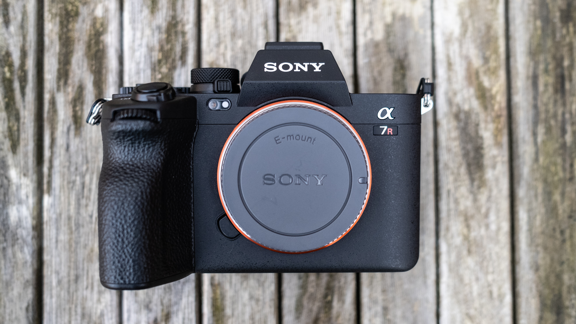 The Sony A7R V on a table directly in front
