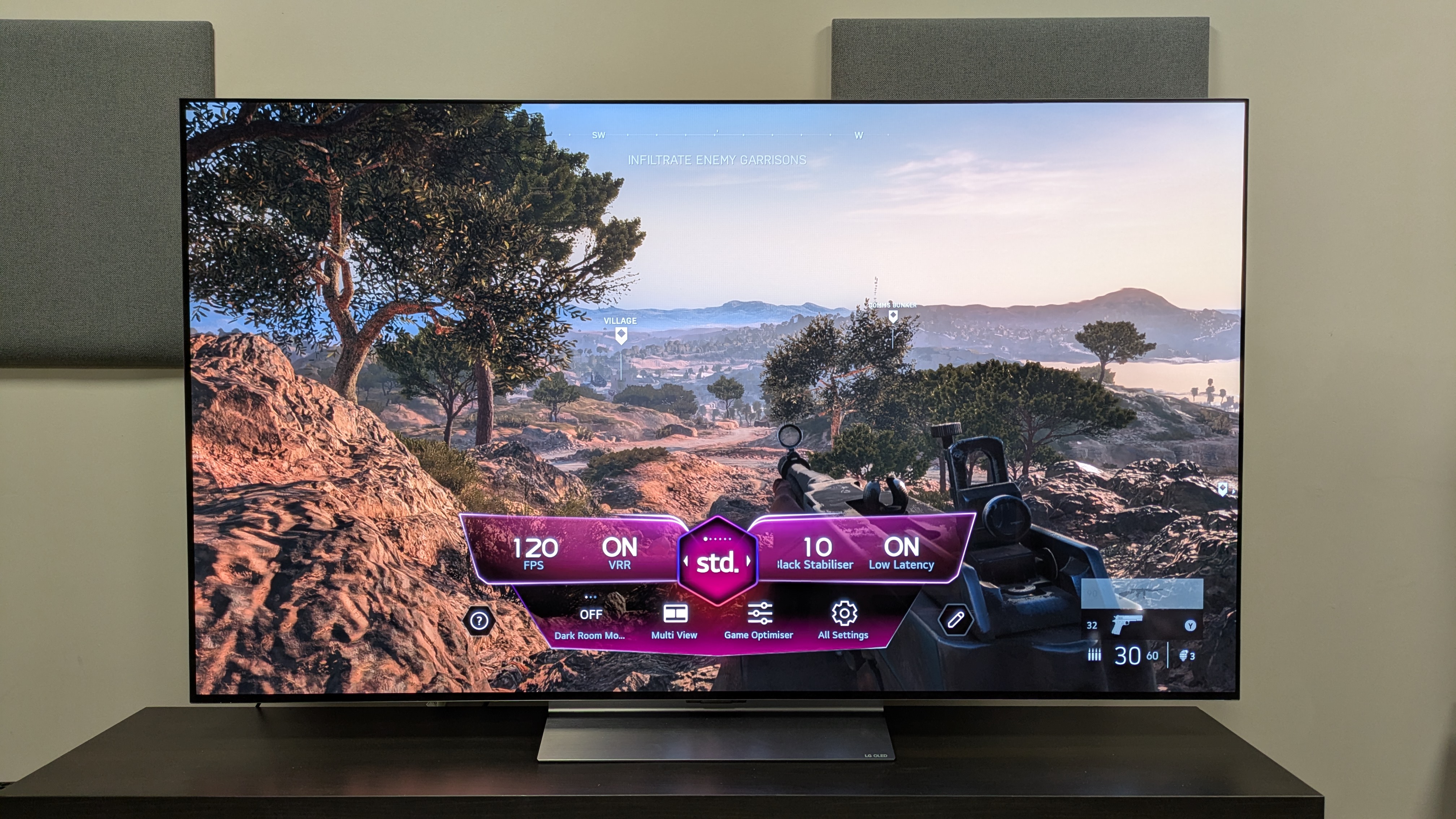 LG C6 OLED TV with Battlefield V and on-screen Game Optimiser panel