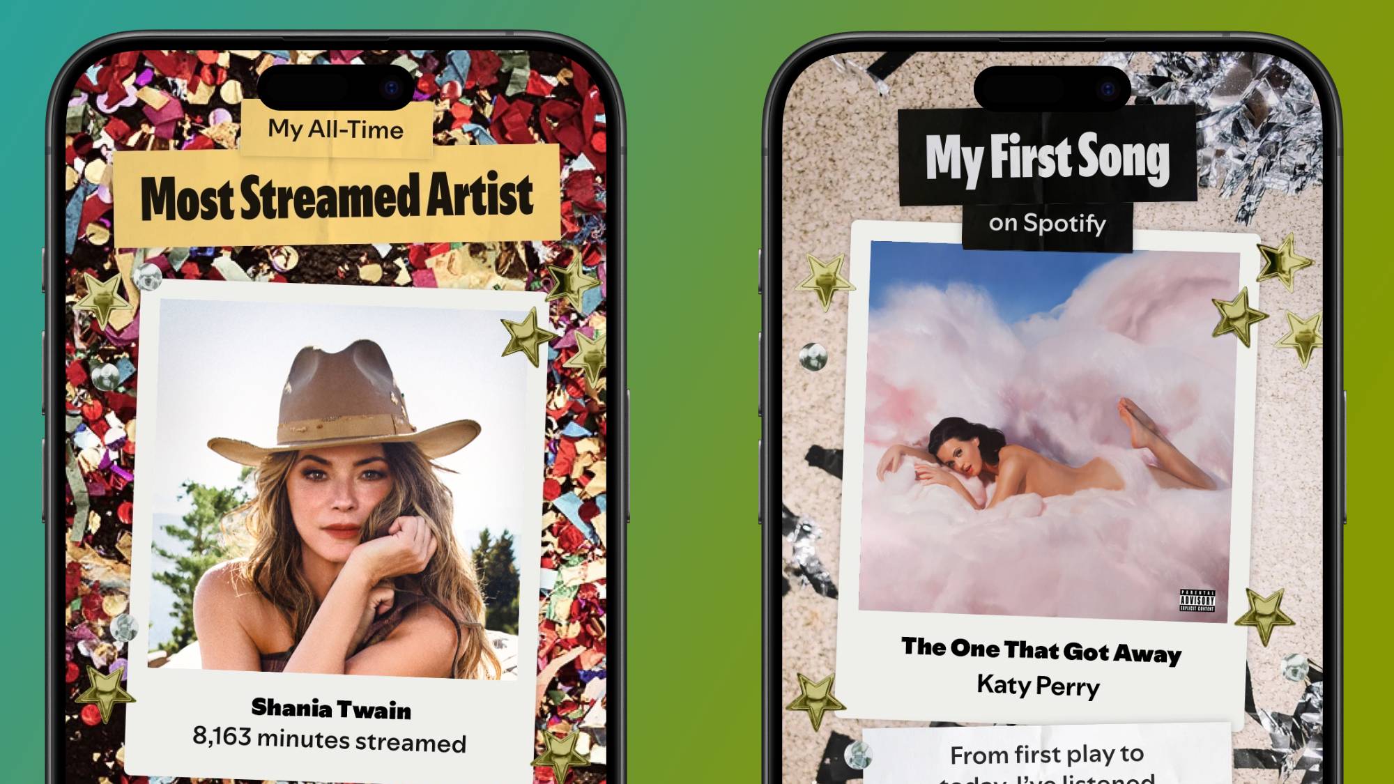 Two smartphones showcasing visual cars of Spotify's new Party of the Year(s) experience