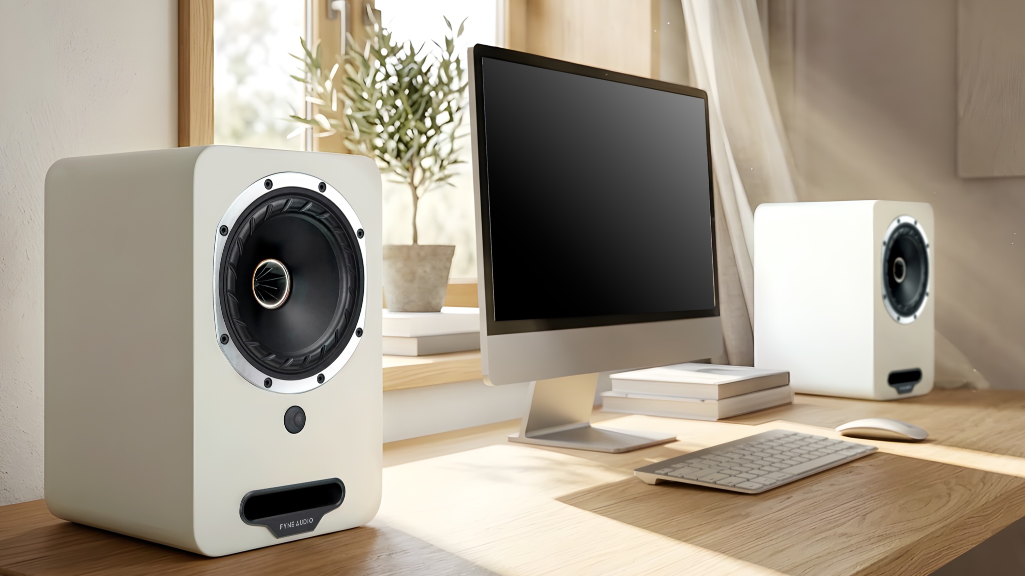 A pair of Fyne Audio Cubit 5 speakers in white on either side of an Apple iMac. They are all on a light wooden desk in front of a window on a bright day.