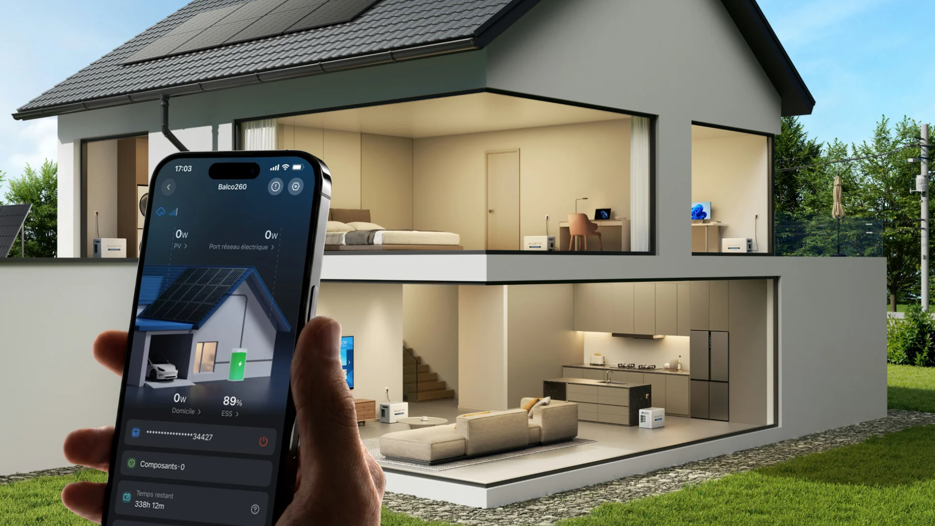 A cut-out phone and house mockup showing Bluetti's Balco 260 in various rooms.