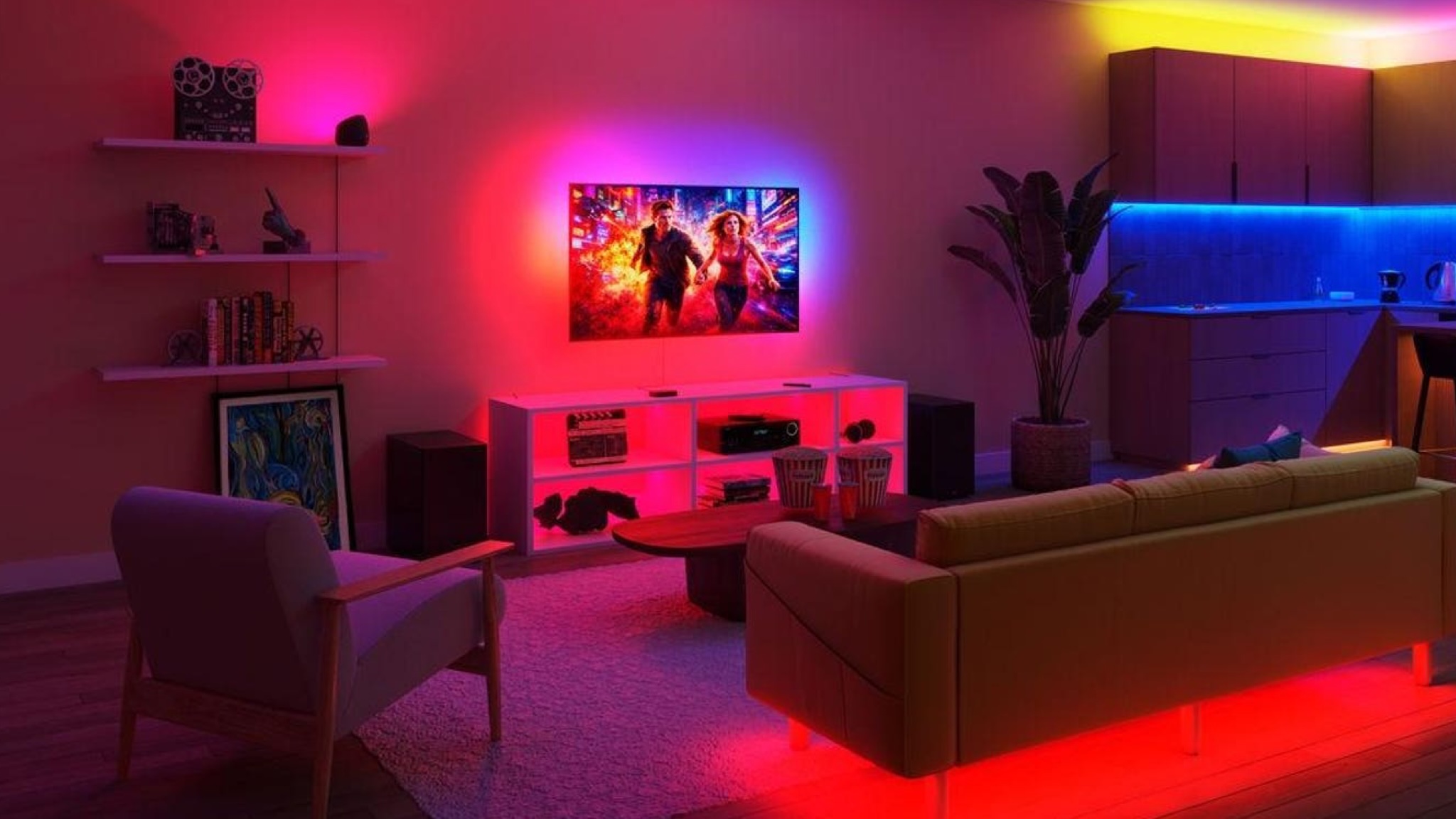A room lit with multiple colors thanks to various Philips Smart Lighting products, with the TV light strip reflecting the colors of the screen