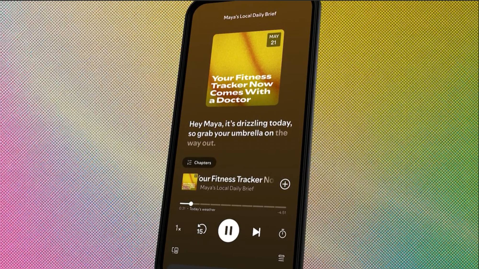 A smartphone showing a personal podcast in the Spotify app