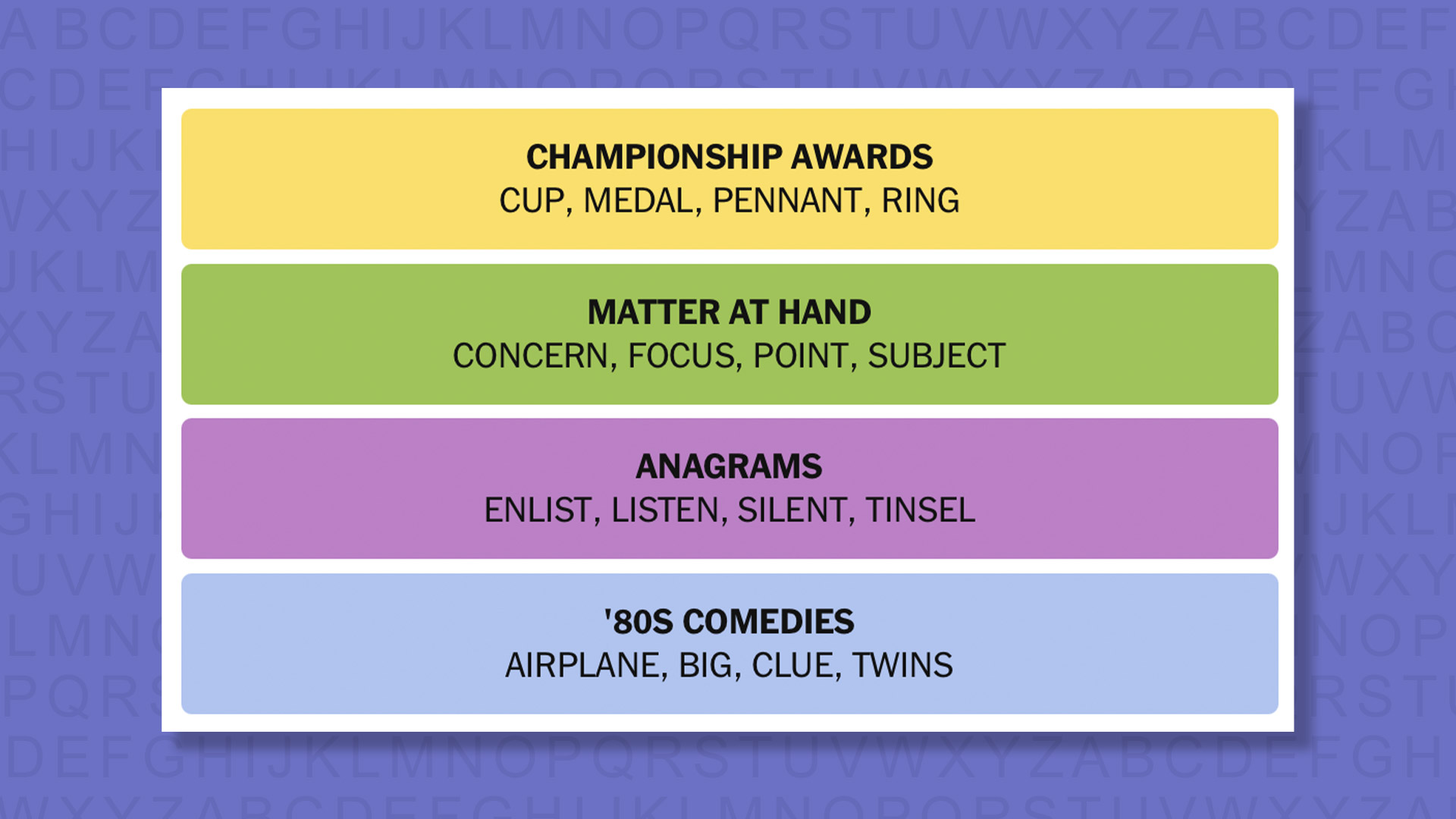 NYT Connections answers game 1080 on a purple background