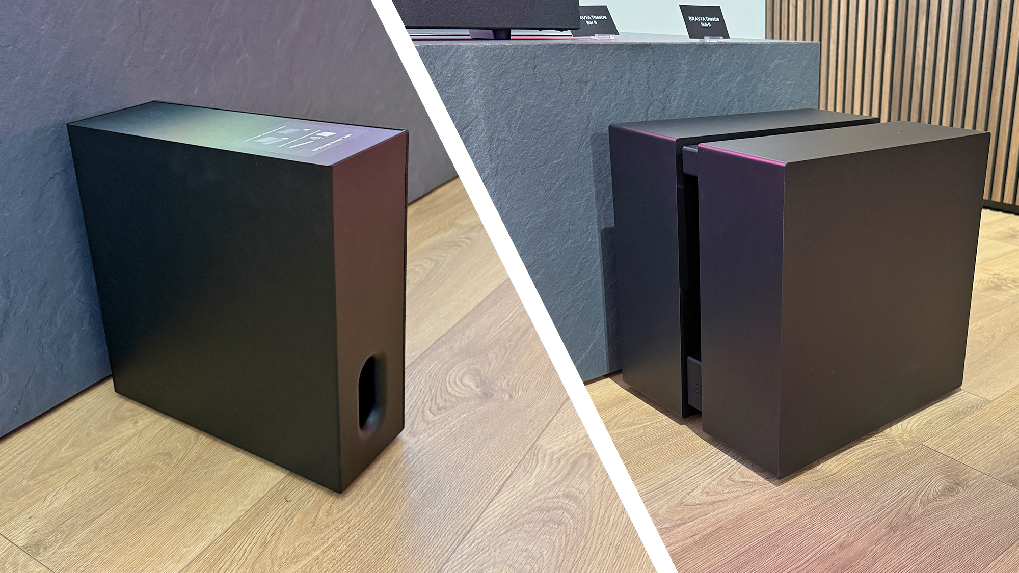 Sony Bravia Sub 8 and Sub 9, showing that the Sub 9 is about twice the size of the Sub 8.