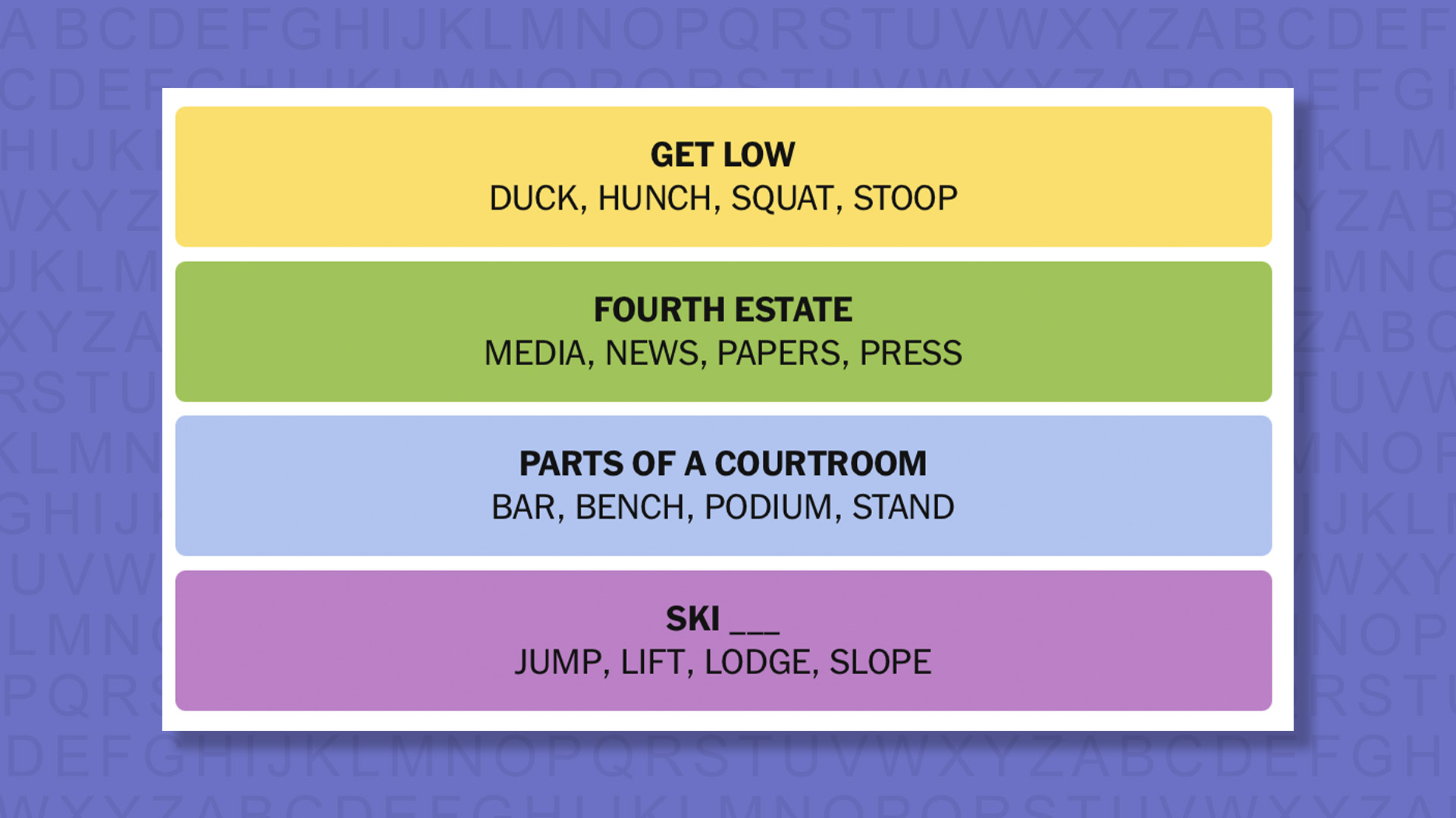 NYT Connections answers game 1082 on a purple background