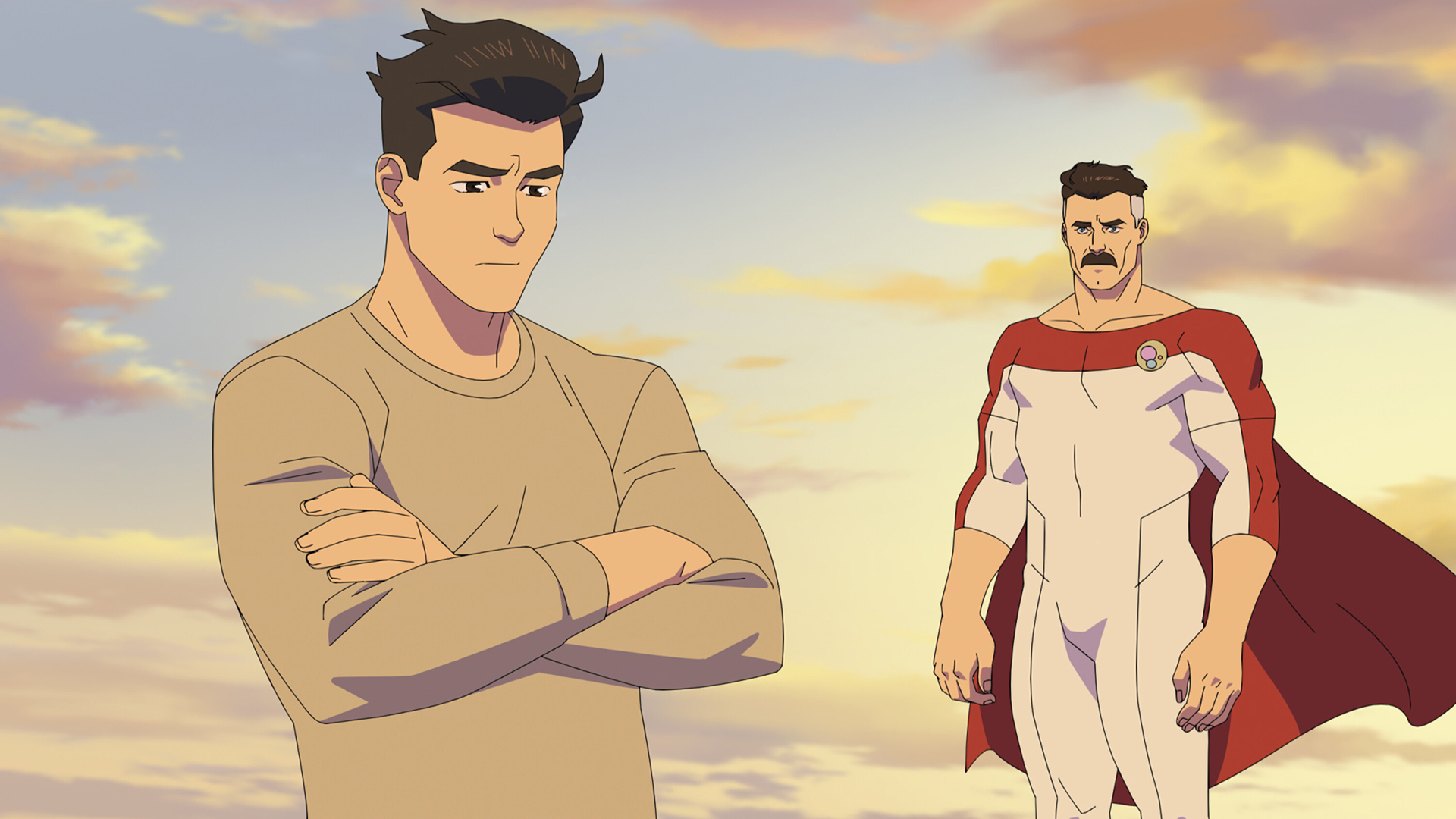 Mark looks sad with his arms crossed as Nolan watches him in season 4 of Invincible.