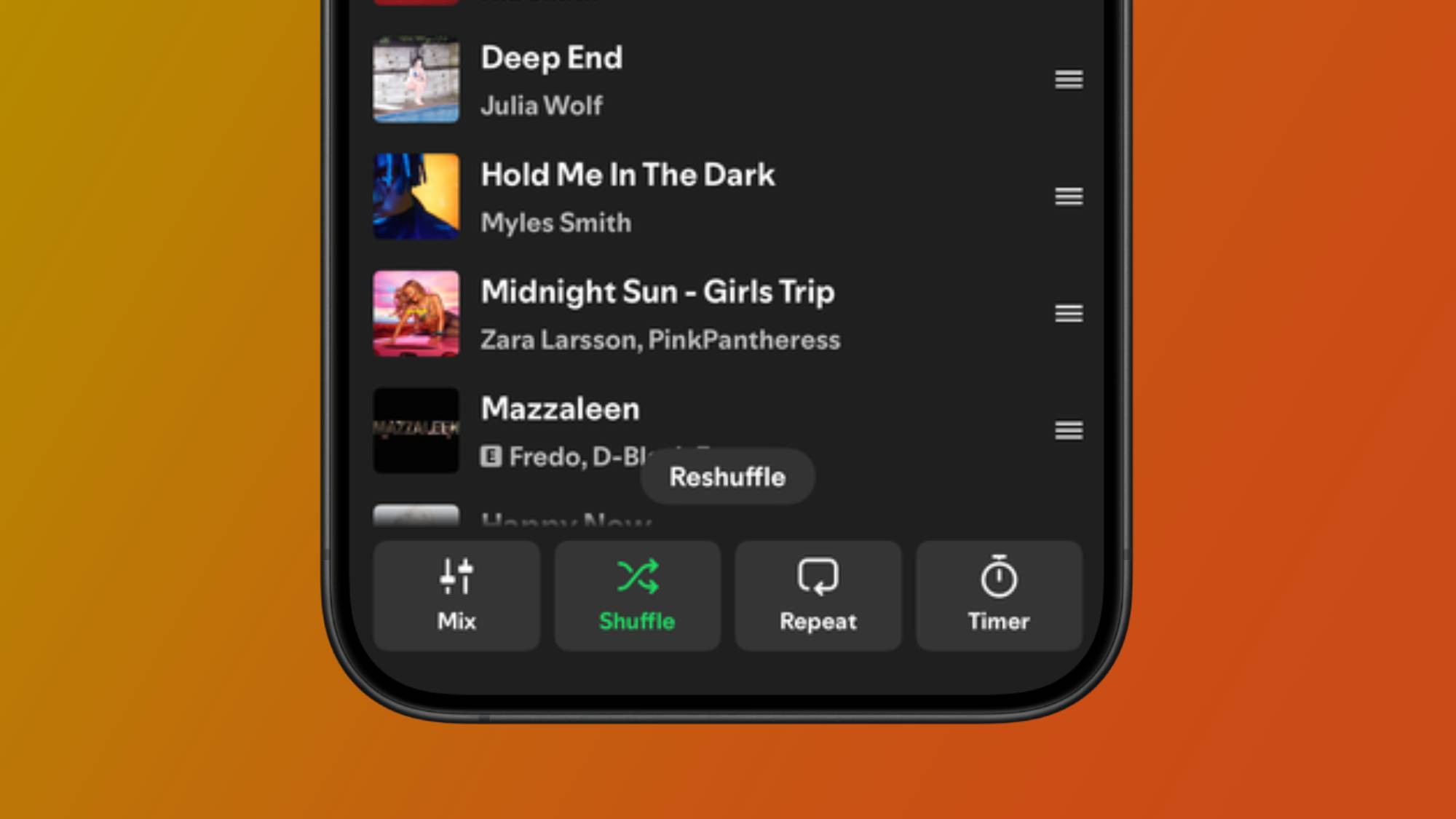 A smartphone showing the rearrange button on a playlist queue in the Spotify app