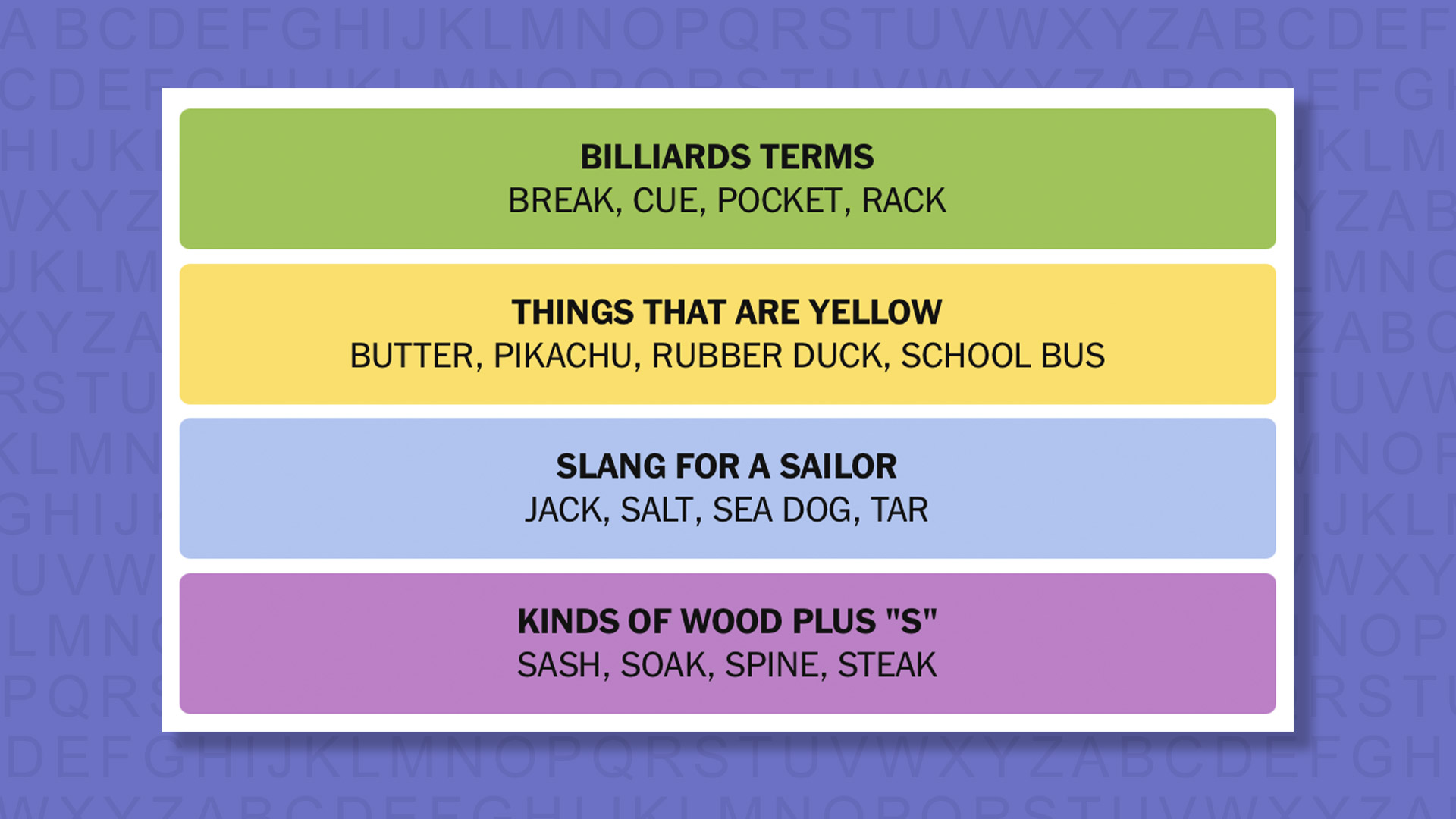NYT Connections answers game 1085 on a purple background