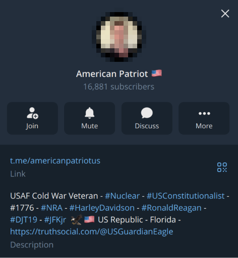 A screenshot of the profile of the 'American Patriot' Telegram channel.