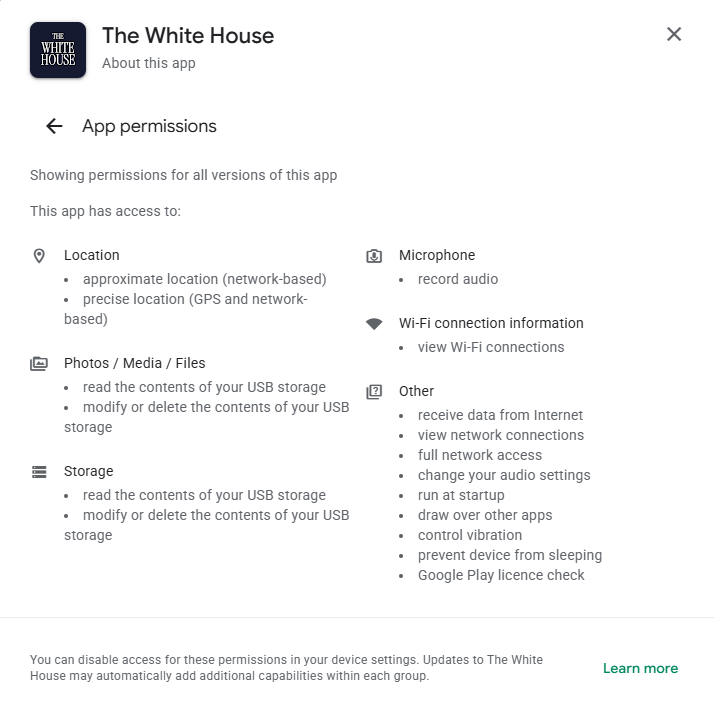 App permissions requested by the Android White House app.