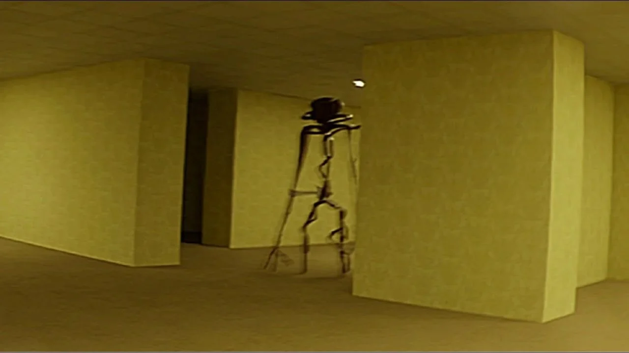 A dull yellow hallway with a strange looking creature lurking in the distance.