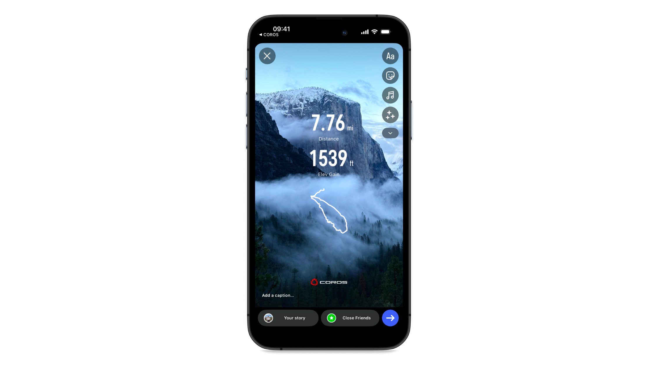 Coros' New Custom Photo Sharing Feature, Featuring a Mountain with a Climbed Altitude Overlay