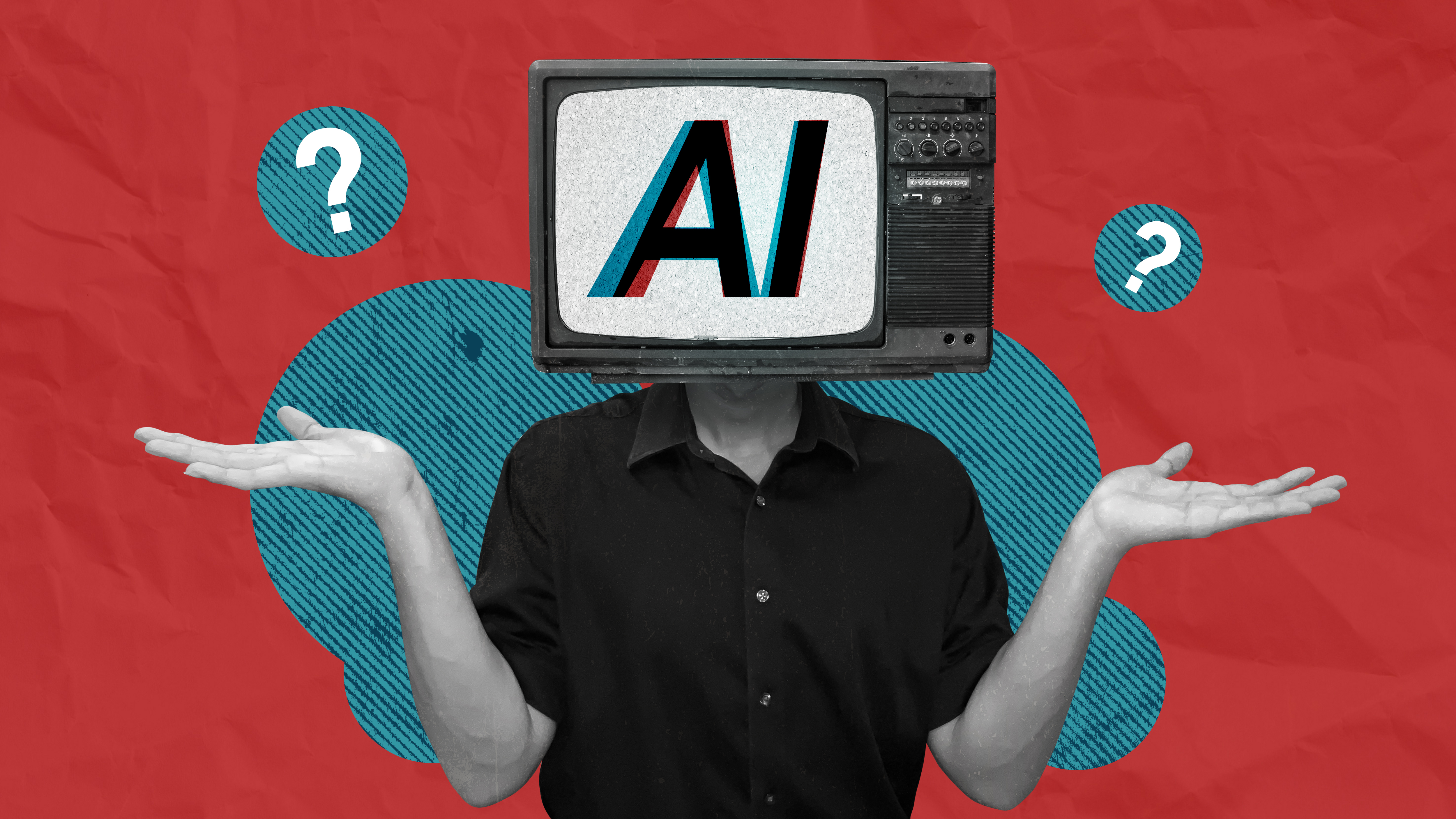 AI meets conceptual collage art. Human with TV Head representing artificial intelligence unable to understand the given order.