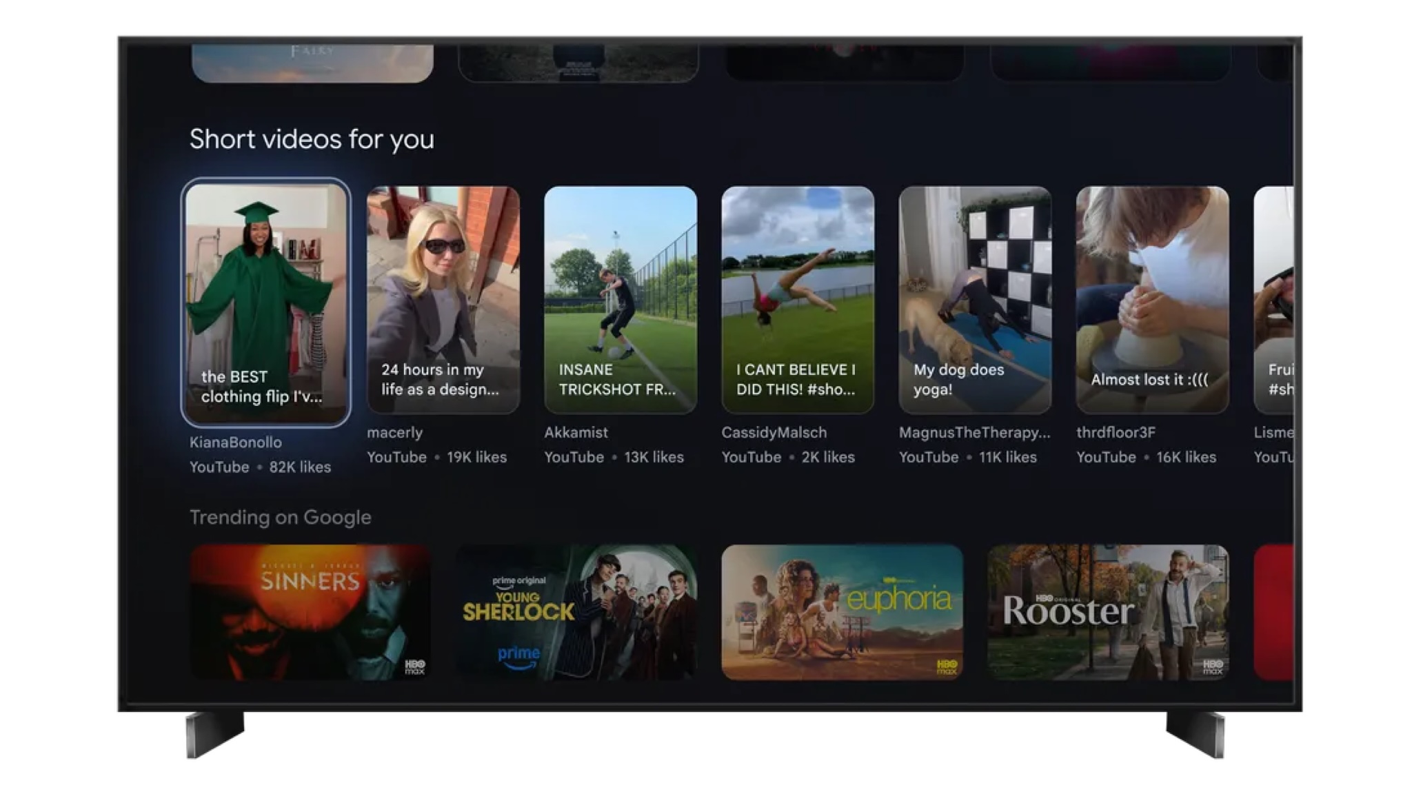 A photo of the updated Google TV home screen showing short vertical videos