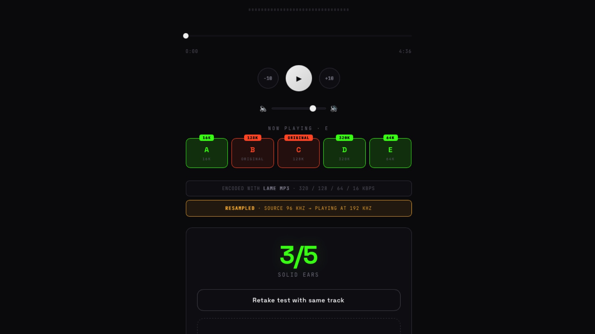 Screenshots of the Flactest page after testing my hearing, indicating that I got 3 out of 5 tests correct