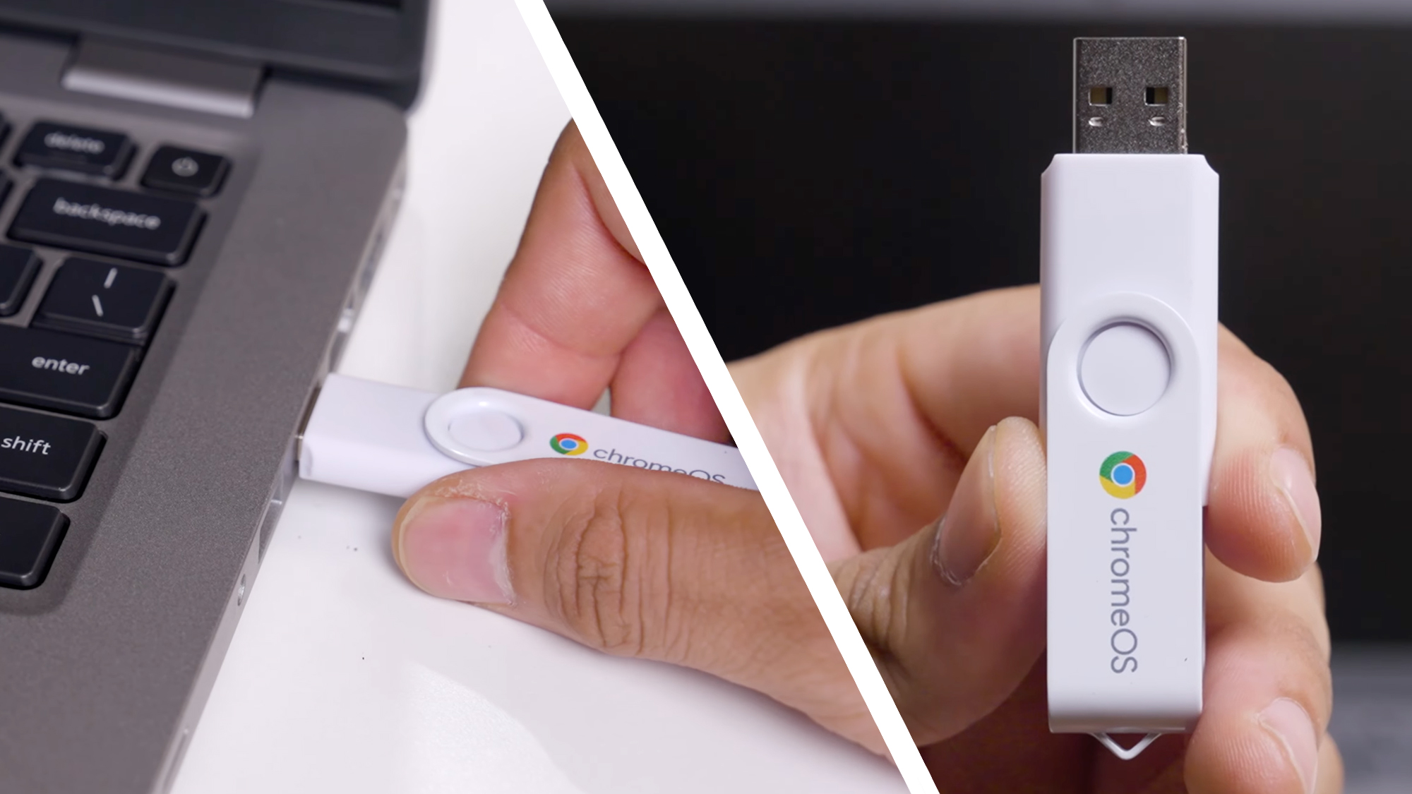 A hand placing a ChromeOS Flex USB stick into a laptop, next to a hand holding the USB stick
