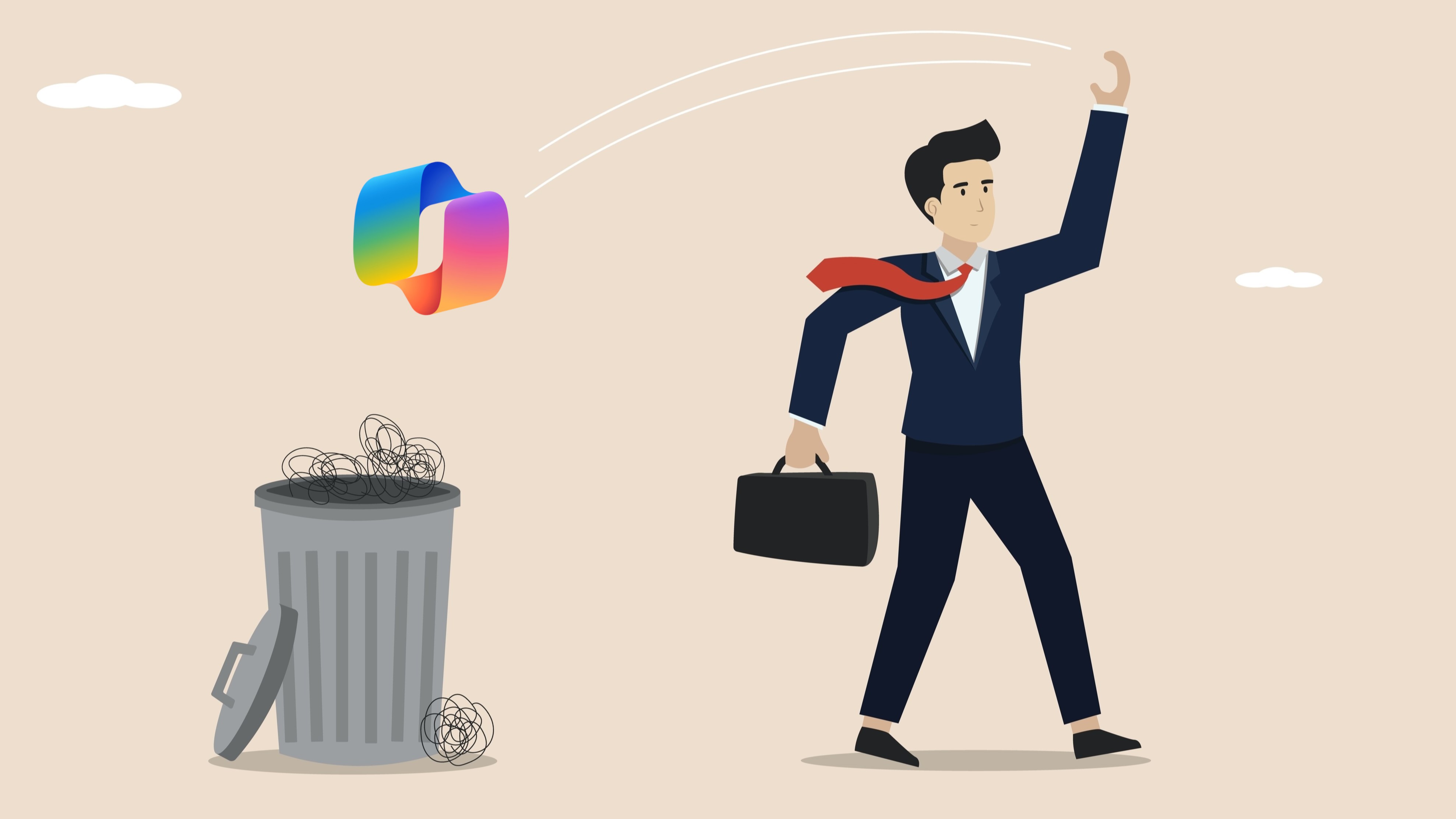 Work that shows a businessman throwing the Copilot logo into a trash can.