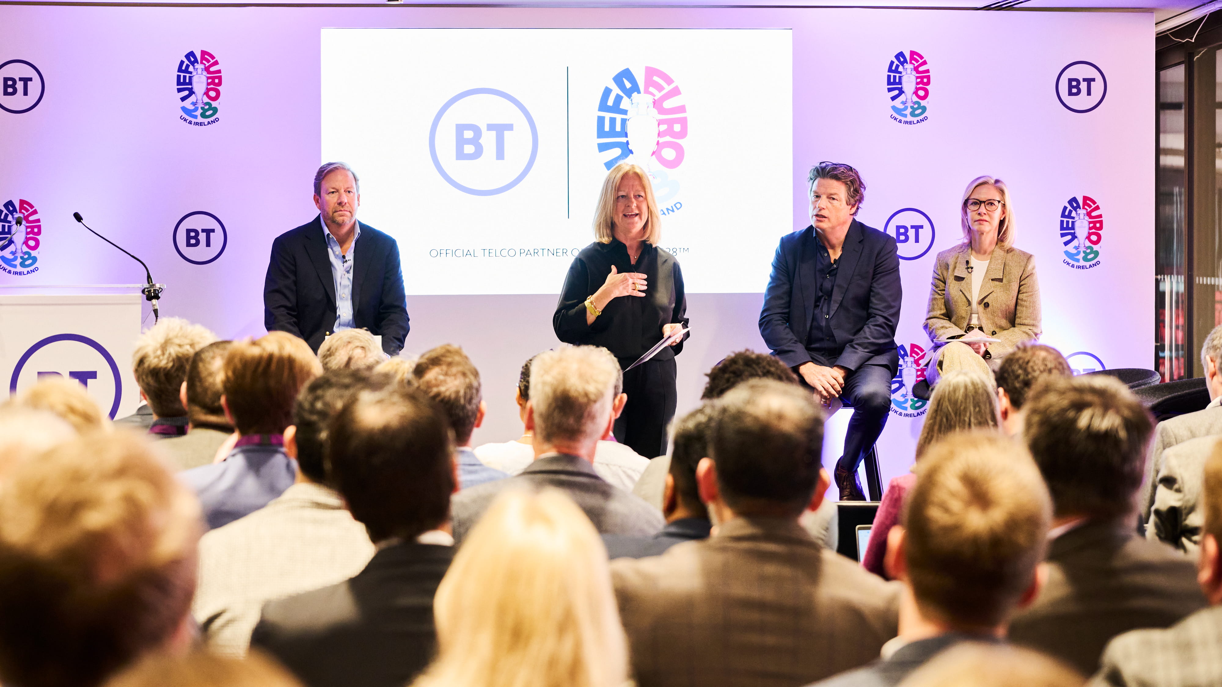 BT Group chief executive Allison Kirkby addressing a room
