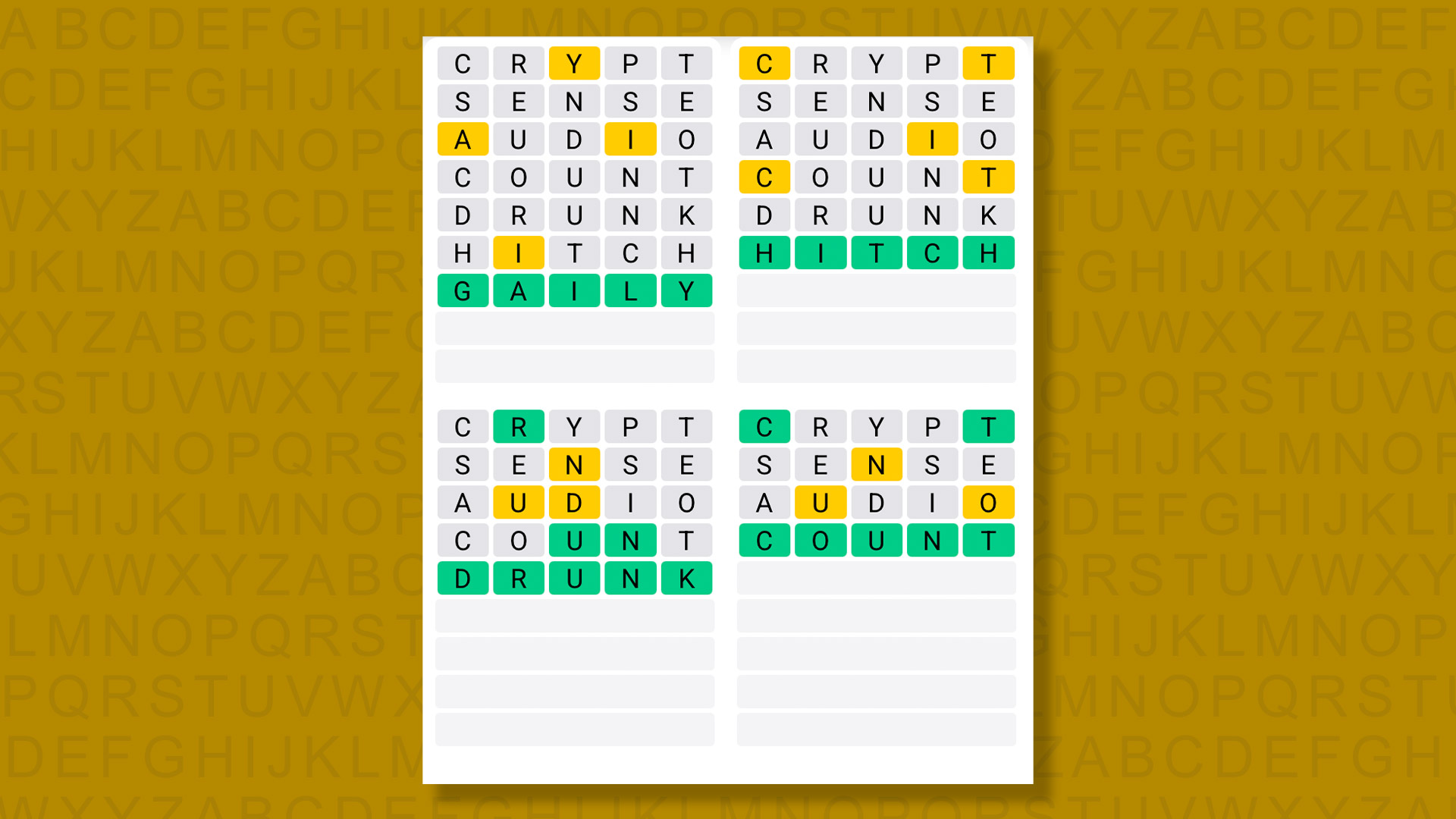 Quordle answers for the game 1579 on a yellow background