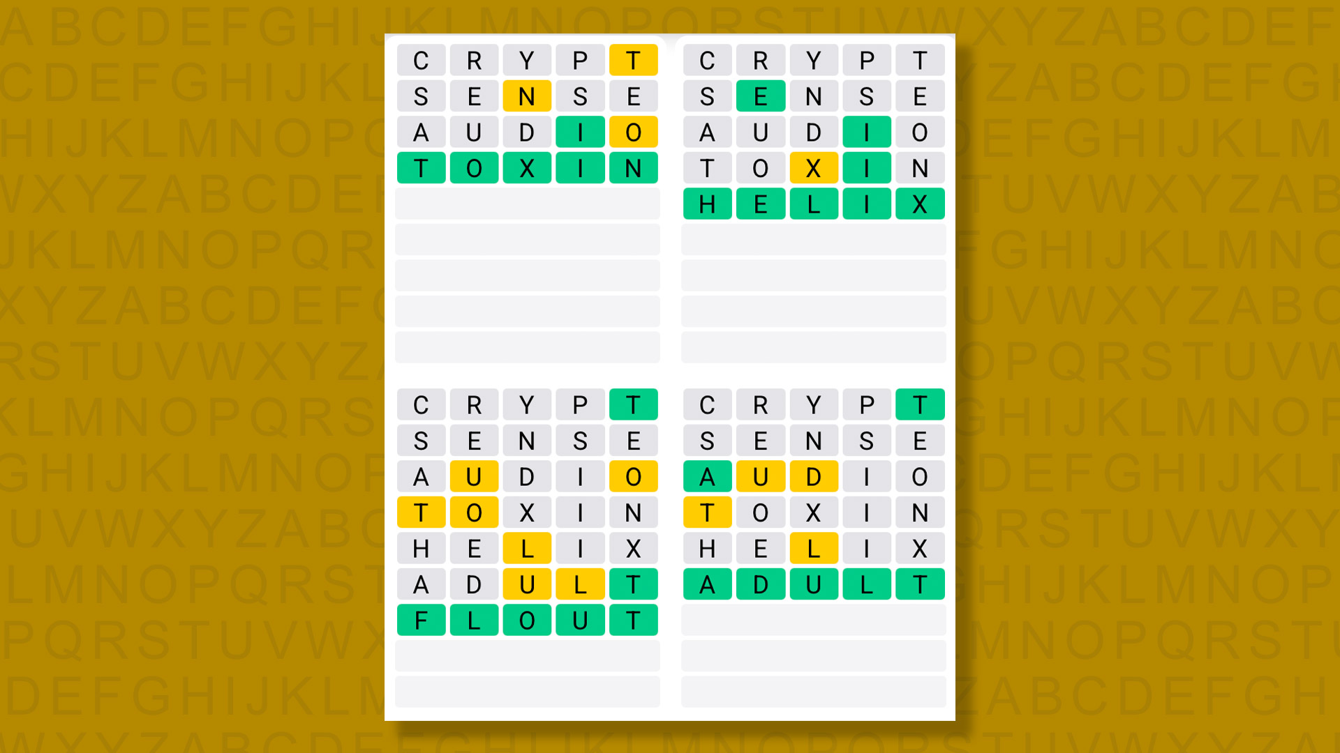 Quordle answers for the game 1565 on a yellow background