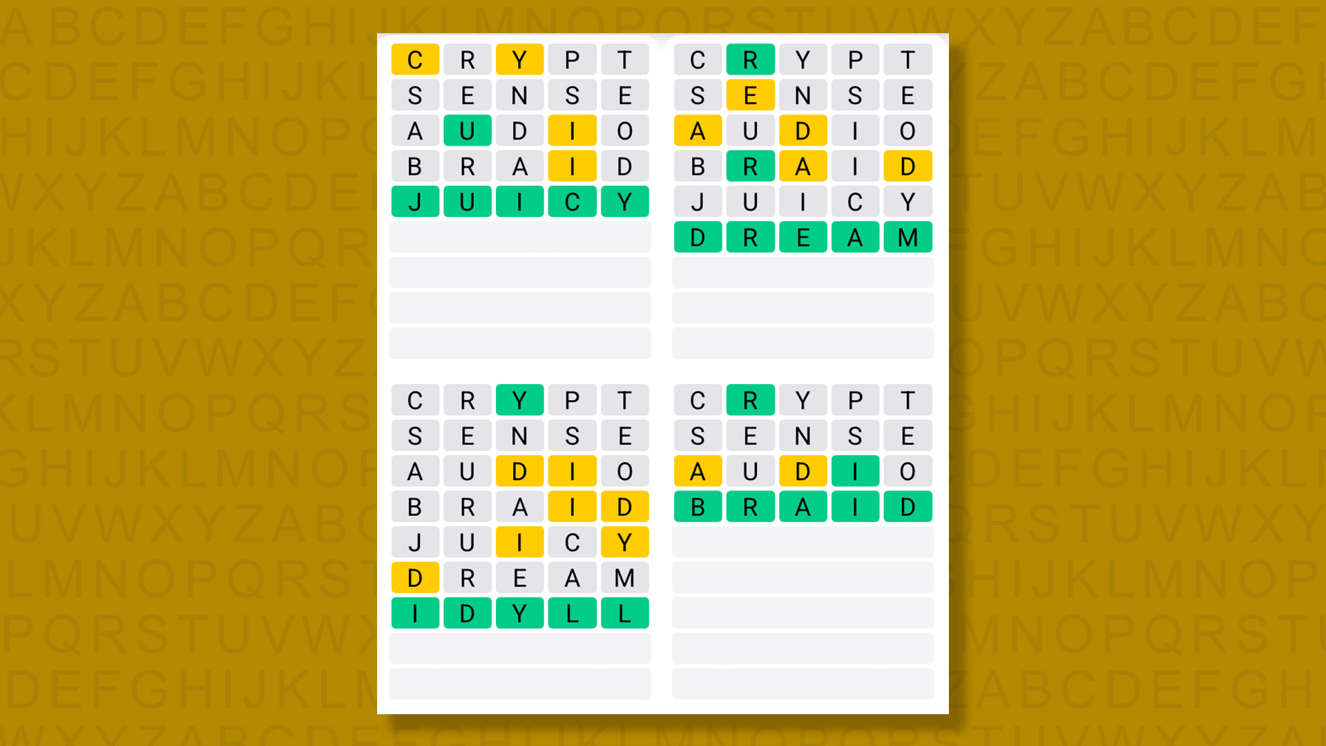 Quordle answers for the game 1580 on a yellow background