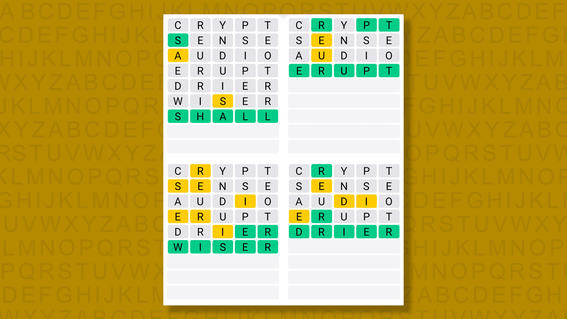Quordle answers for the game 1566 on a yellow background