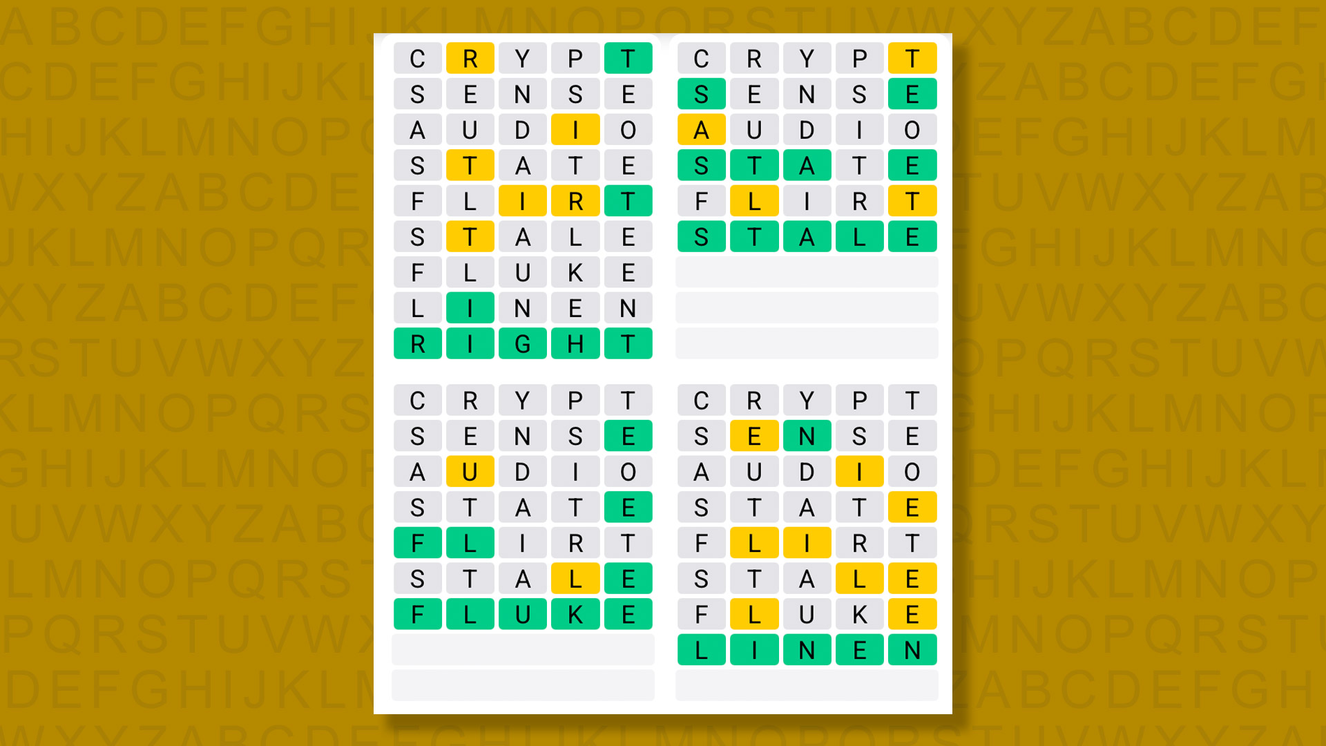 Quordle answers for game 1581 on a yellow background