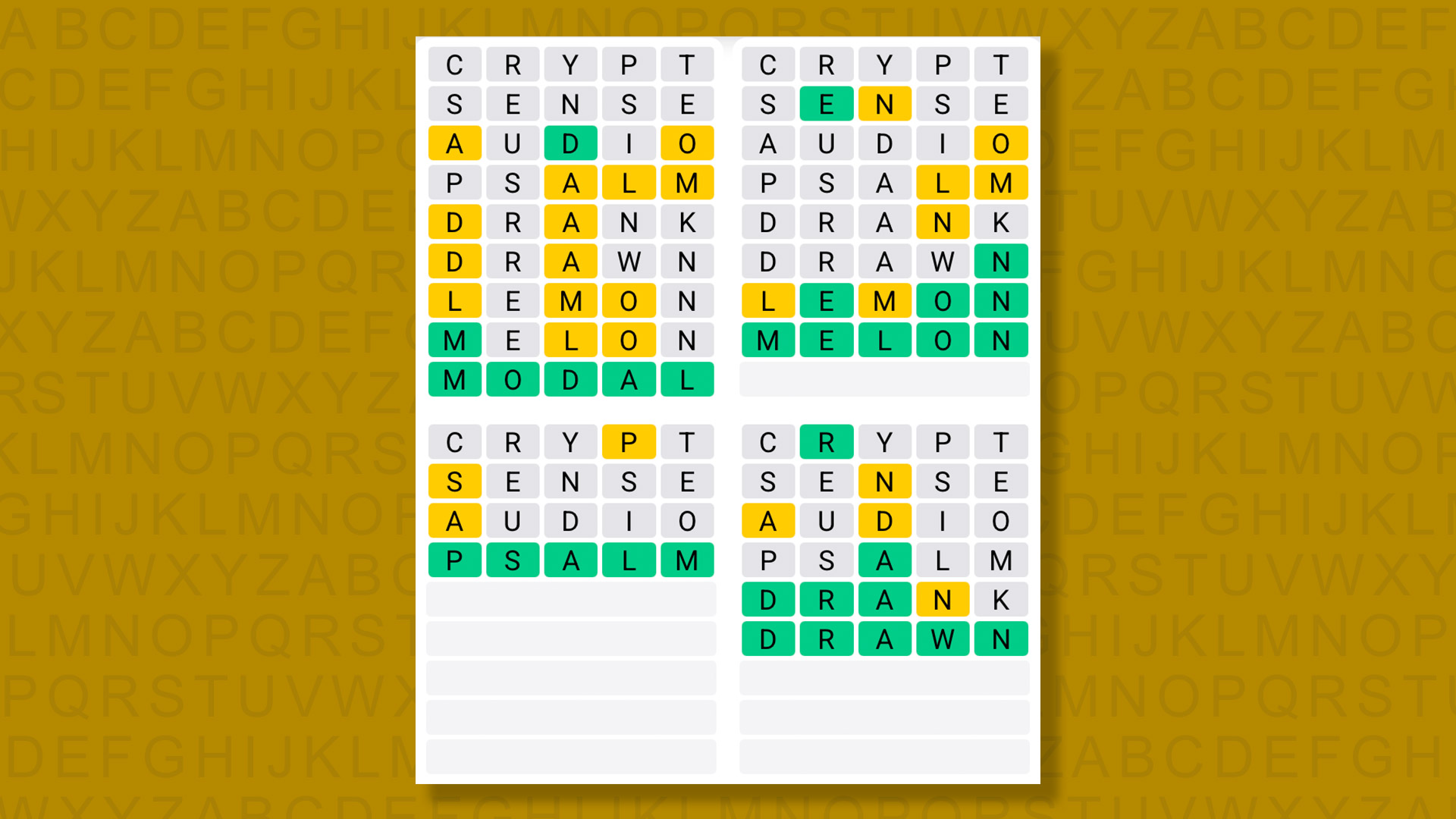 Quordle answers for game 1583 on a yellow background