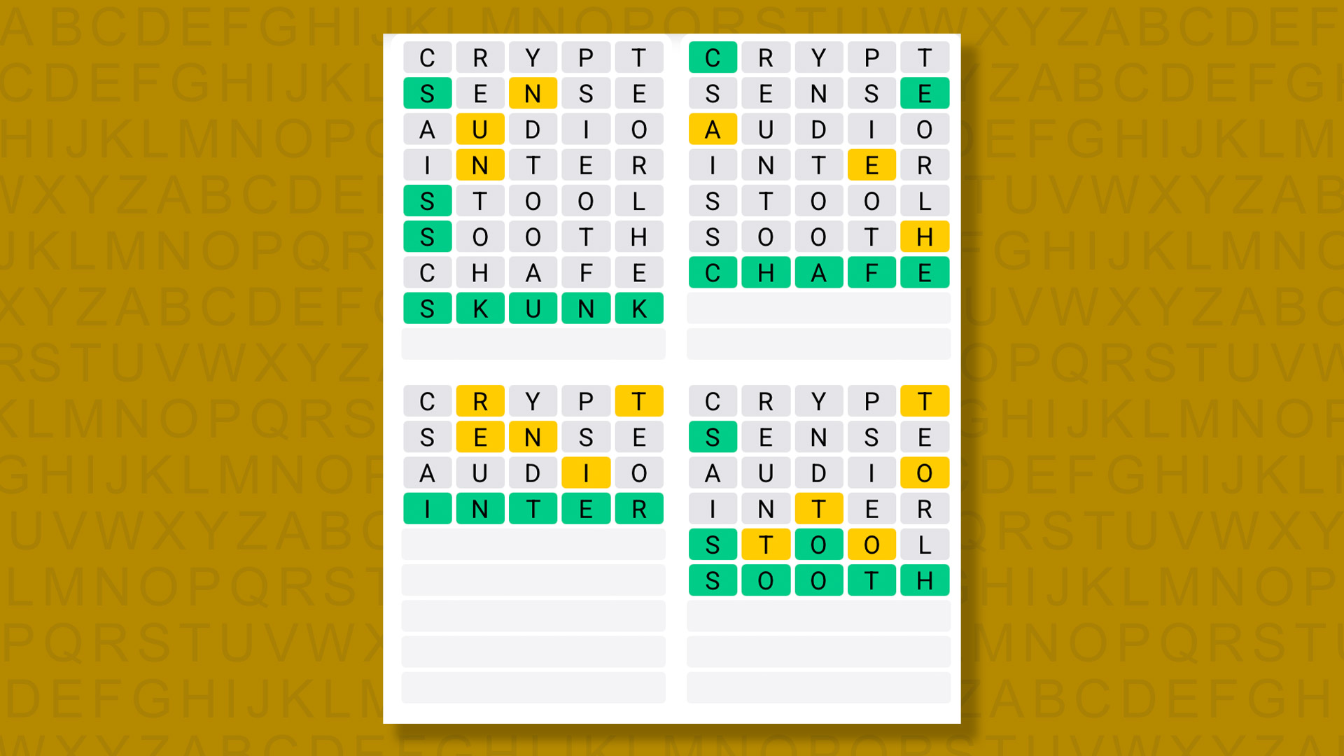 Quordle answers for the game 1570 on a yellow background