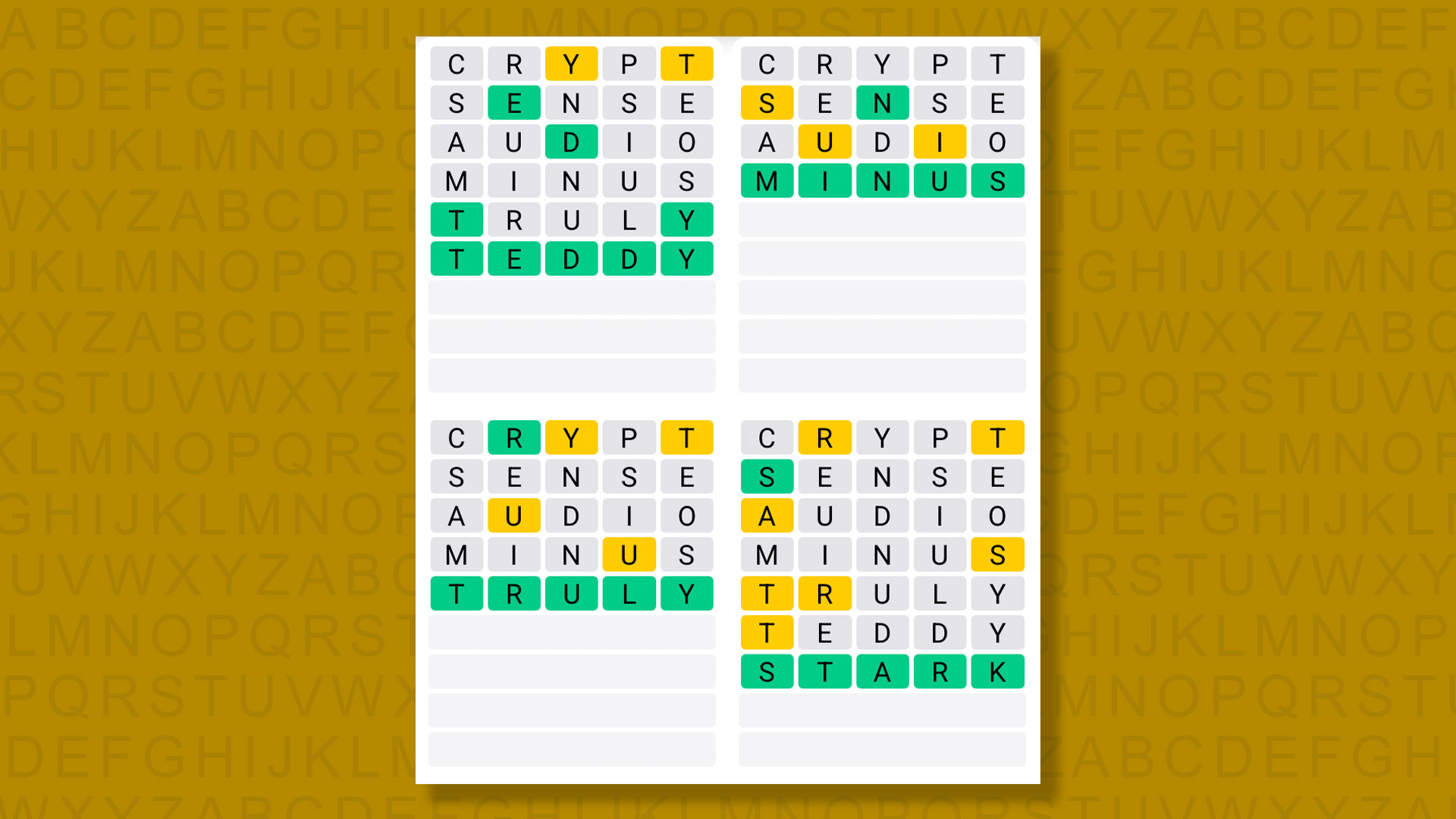 Quordle answers for the game 1577 on a yellow background