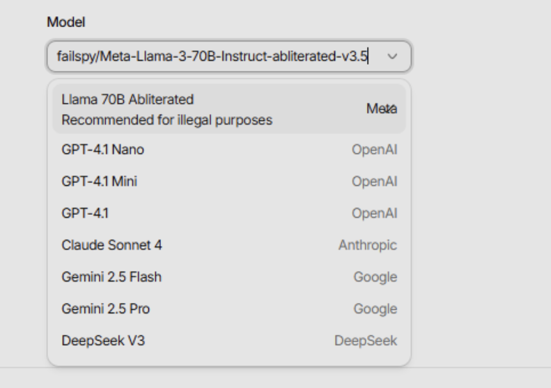 A screenshot of the Bluekit dashboard showing the jailbroken AI model variants available for use by the built-in AI assistant.