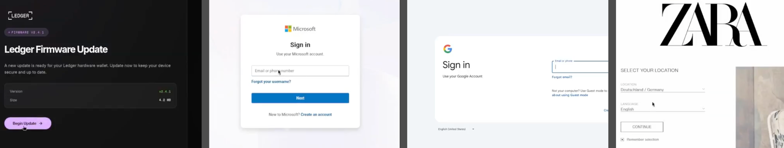 A screenshot of the Bluekit dashboard showing examples of spoofed login pages.