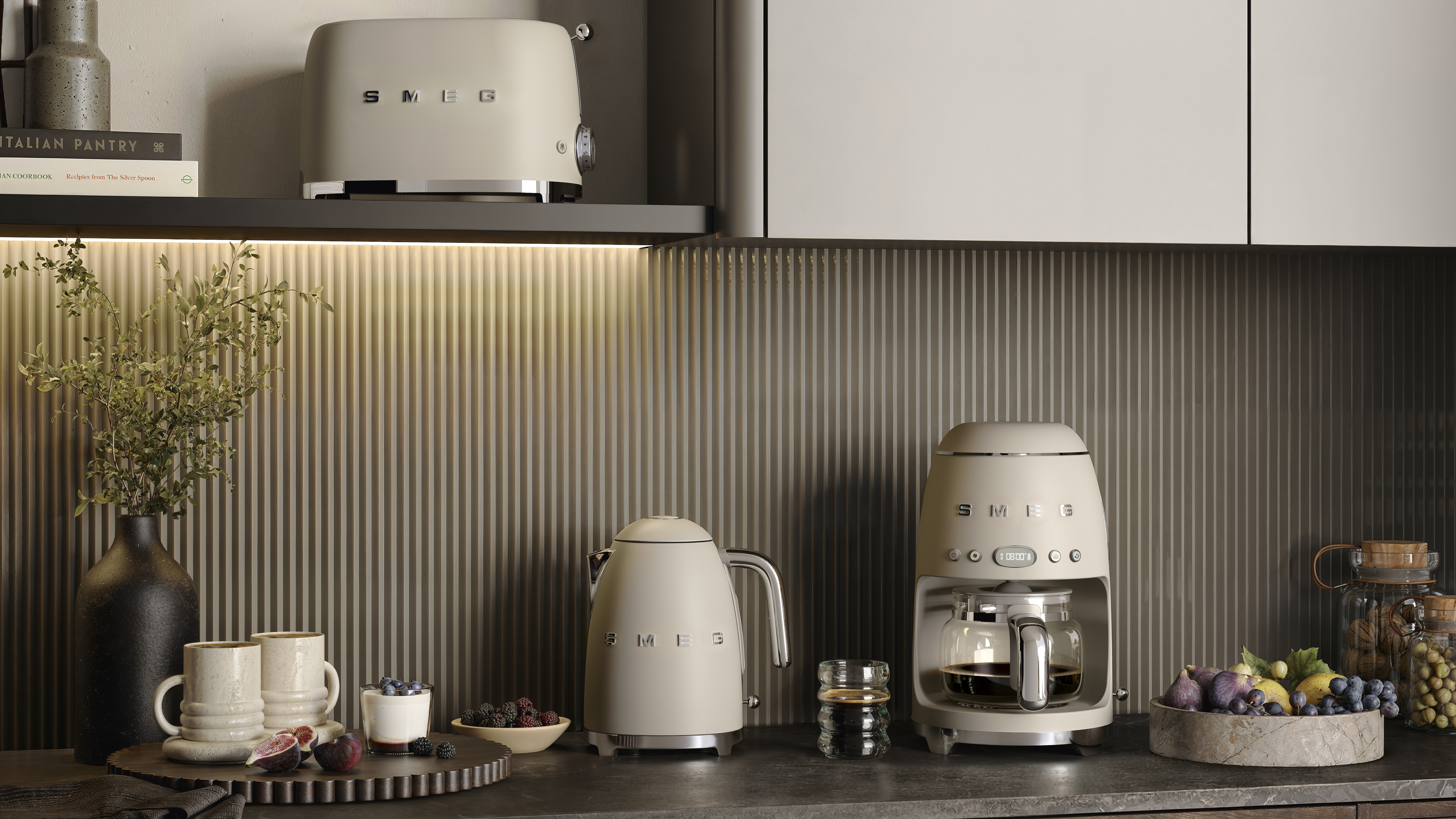 Smeg appliances in Moonlight in neutral colored kitchen