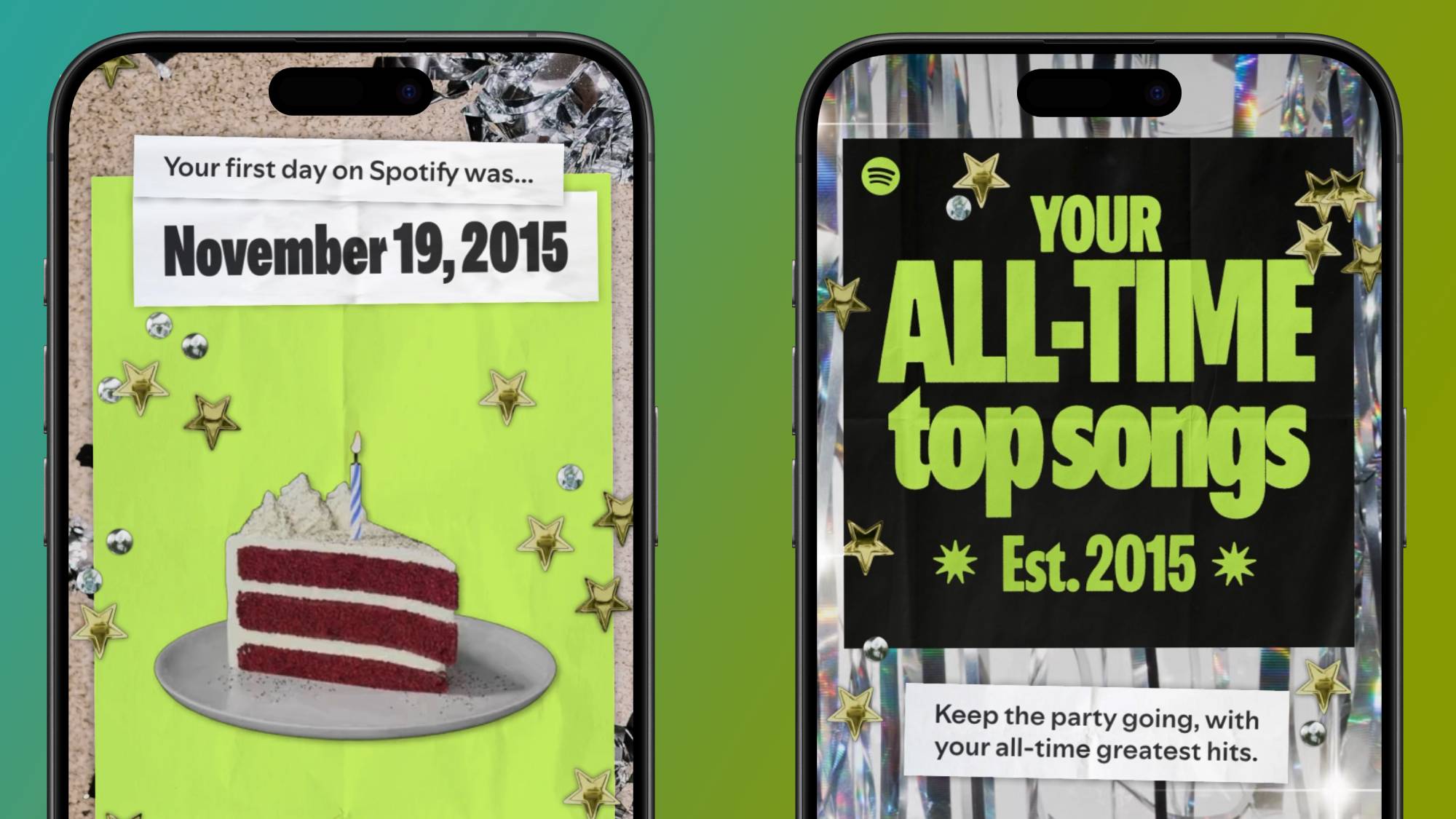 Two smartphones showcasing visual cars of Spotify's new Party of the Year(s) experience