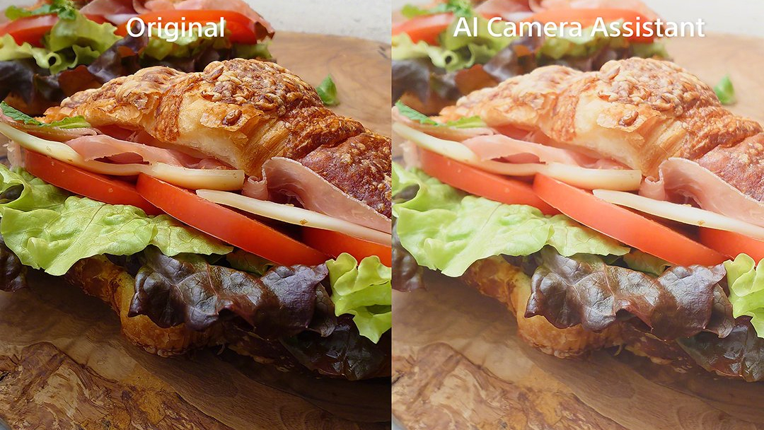 A side-by-side image showing a sandwich photo and the same AI-enhanced photo