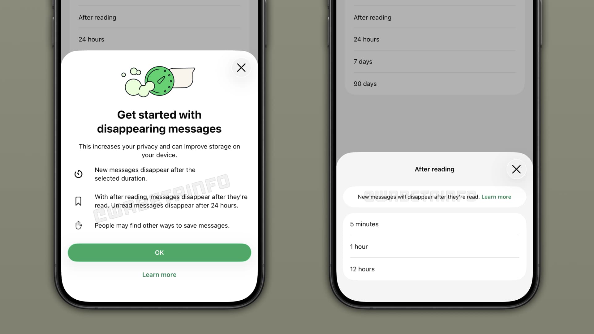Two iPhones showing the settings for the disappearing messages feature on WhatsApp.