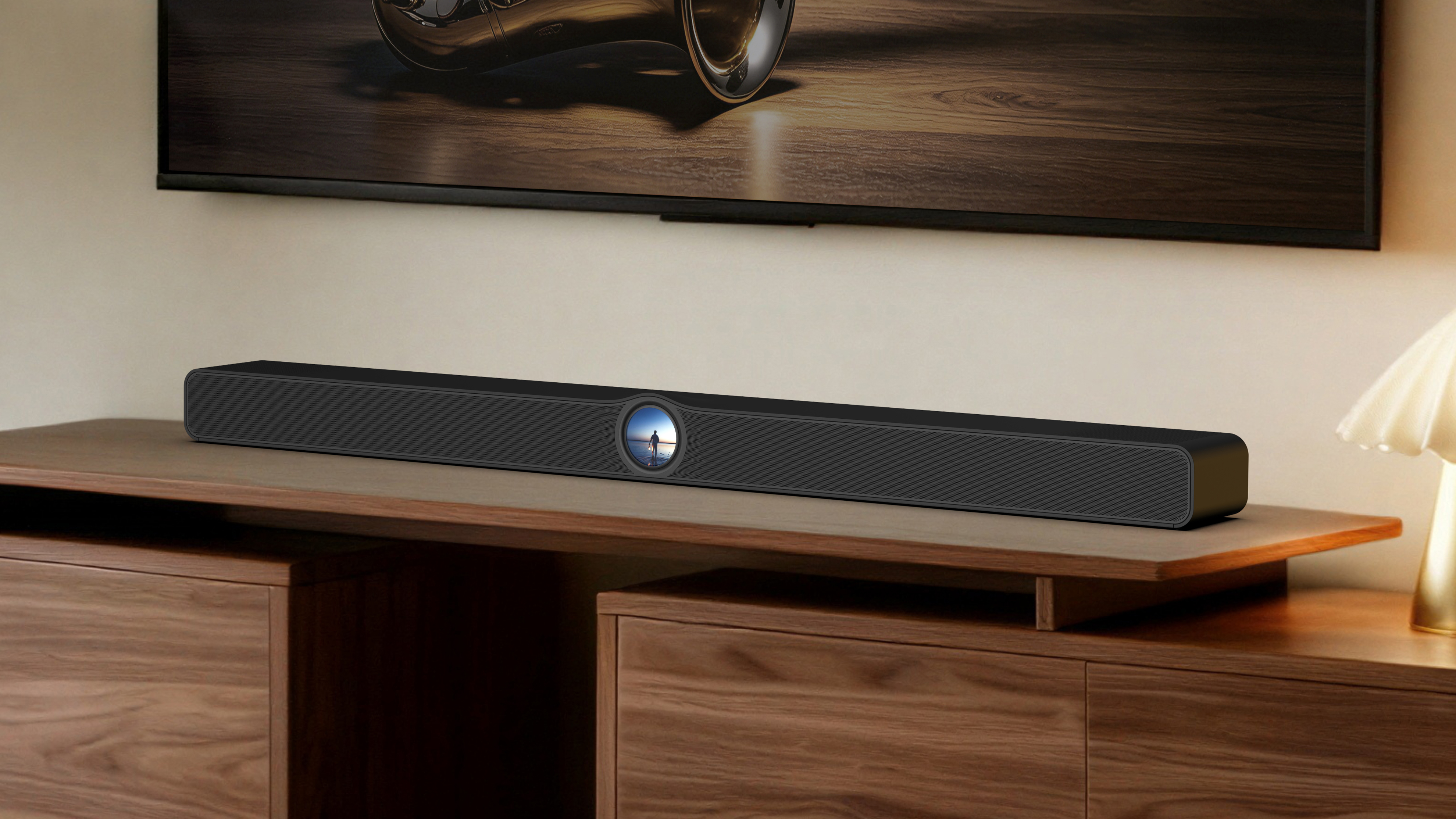 The WiiM bar on a wooden stand under a television