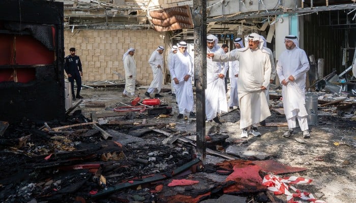 This photo provided by Kuwait News Agency (KUNA) on June 3, 2026 shows Kuwaiti Prime Minister Sheikh Ahmad al-Abdullah al-Sabah (2R) inspecting the damaged airport after an Iranian attack, in Kuwait City. Kuwait. — AFP